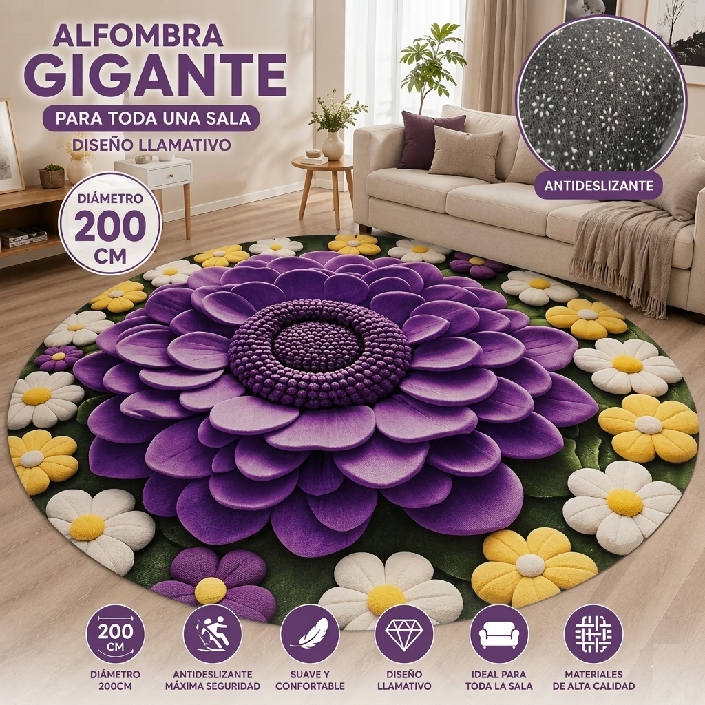 ALFOMBRA CIRCULAR GRANDE 2MTS DE DIÁMETRO PARA SALA O DORMITORIO MORADO - 2