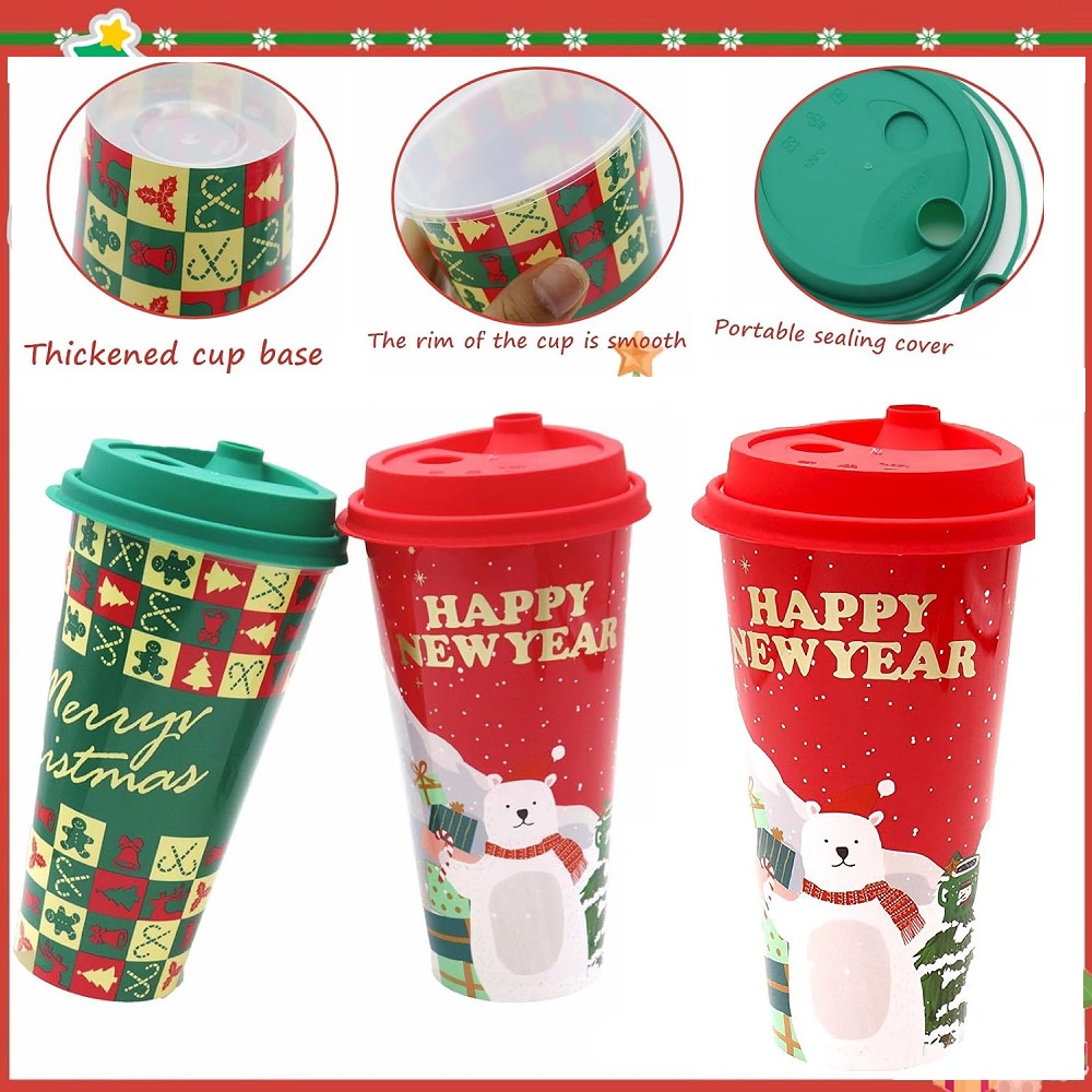 SET DE 12 VASOS PLASTICOS CON TAPA NAVIDEÑOS CHOCOLATADA 500ML - 2