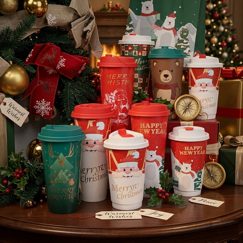 SET DE 12 VASOS PLASTICOS CON TAPA NAVIDEÑOS CHOCOLATADA 500ML - 3