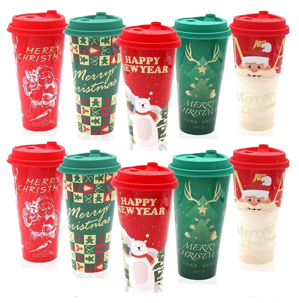 SET DE 25  VASOS PLASTICOS CON TAPA NAVIDEÑOS CHOCOLATADA 500ML - 1