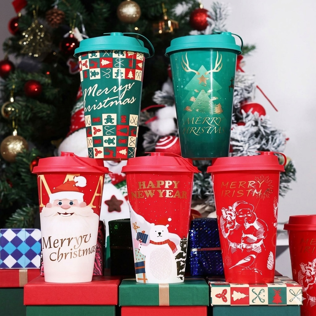 SET DE 25  VASOS PLASTICOS CON TAPA NAVIDEÑOS CHOCOLATADA 500ML - 2