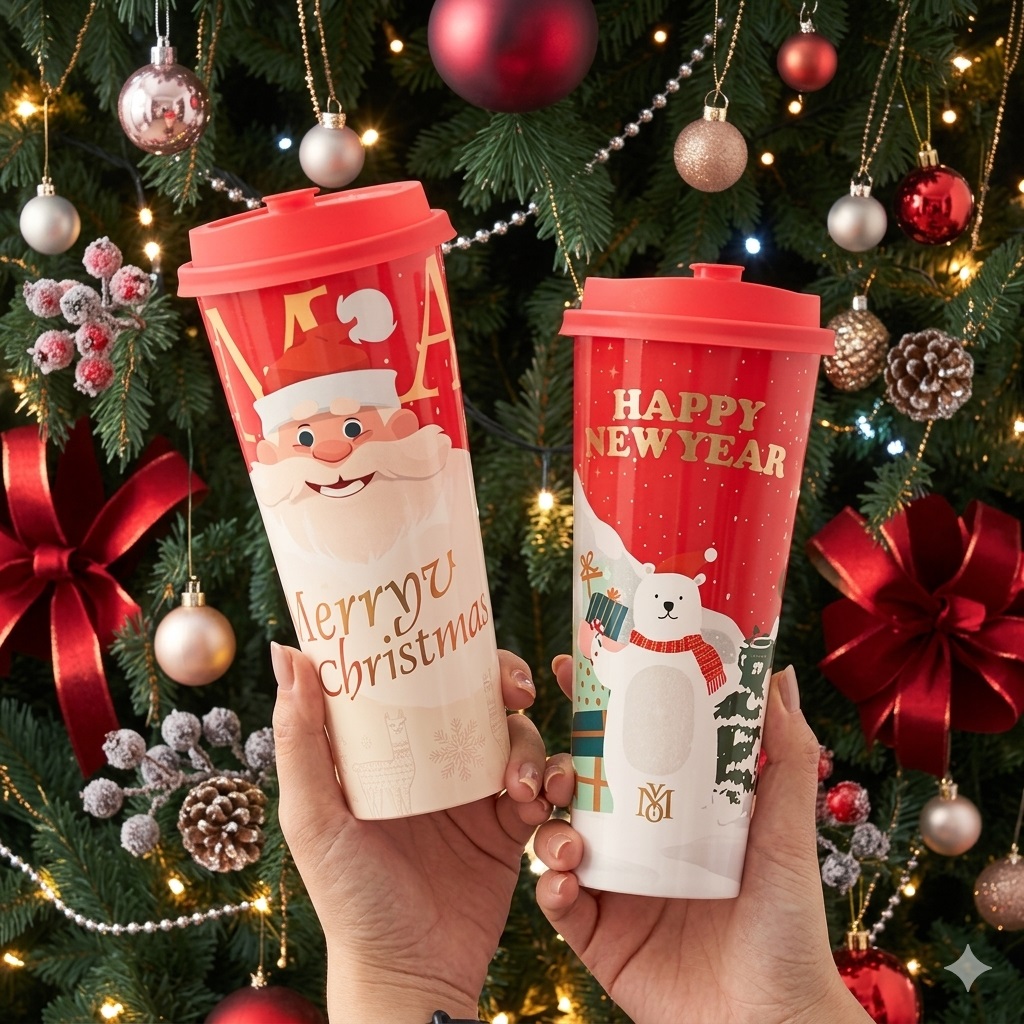 SET DE 25  VASOS PLASTICOS CON TAPA NAVIDEÑOS CHOCOLATADA 500ML - 3