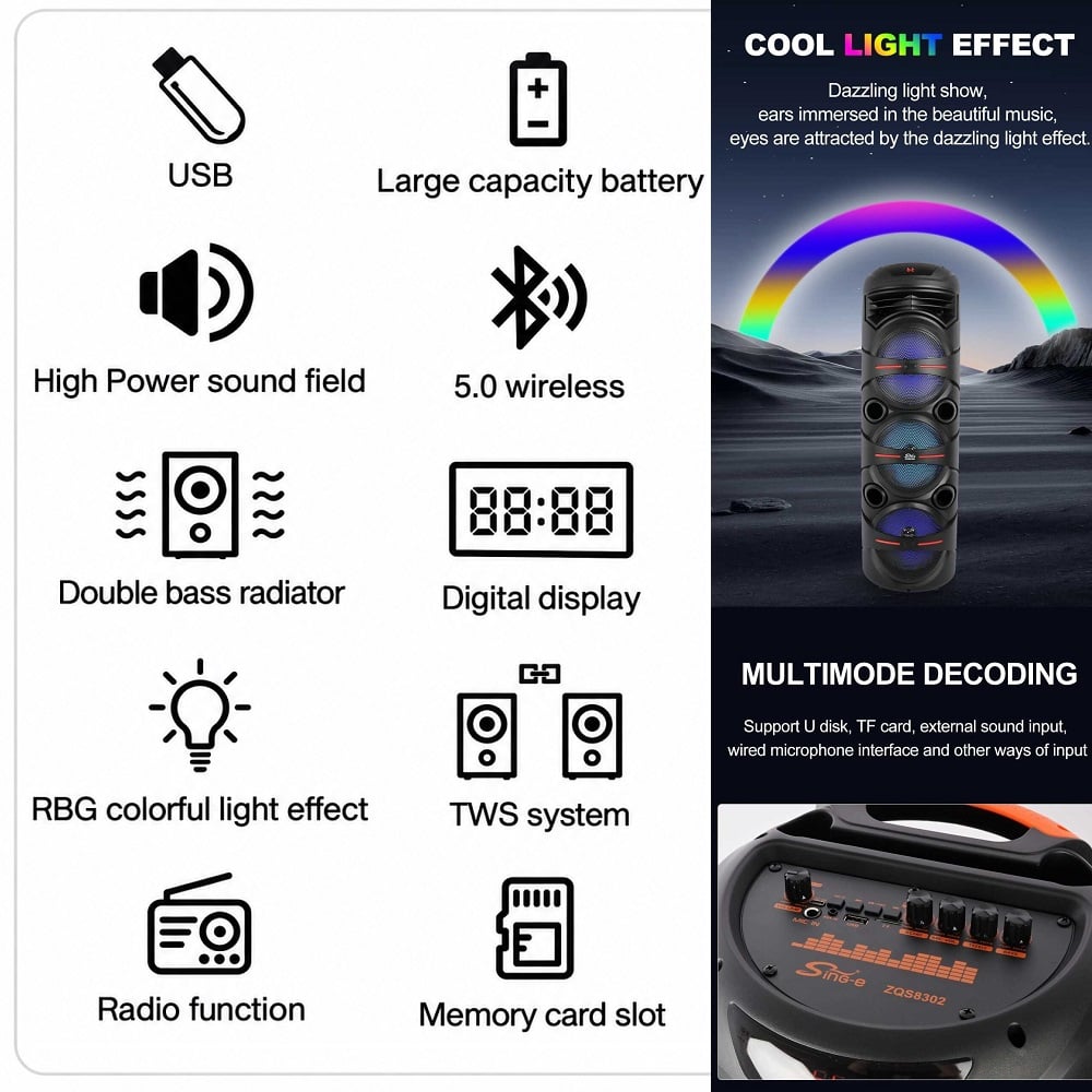 PARLANTE BLUETOOTH SING-E ZQS8302 INALAMBRICO CON MICROFONO PARA KARAOKE - 2