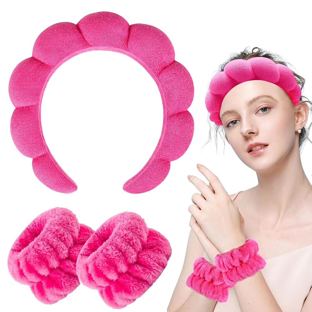 VINCHA O DIADEMA PARA SKINCARE CON MUÑEQUERAS FUCSIA - 1