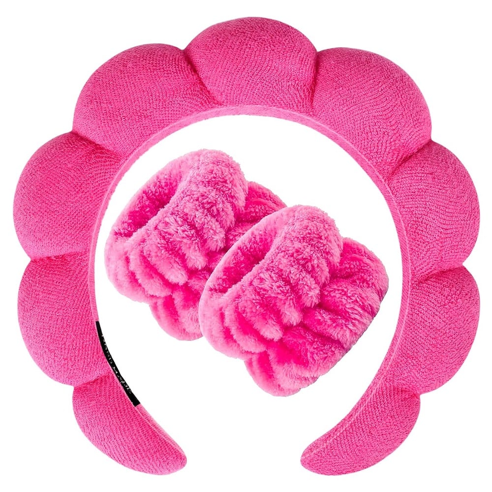 VINCHA O DIADEMA PARA SKINCARE CON MUÑEQUERAS FUCSIA - 2