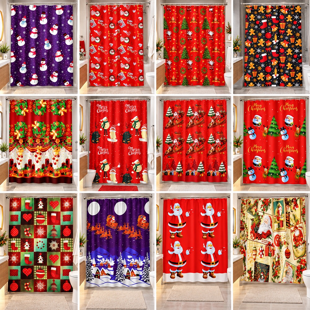 CORTINA PARA BAÑO DE TELA IMPERMEABLE NAVIDEÑAS 170CM X 170CM - 1