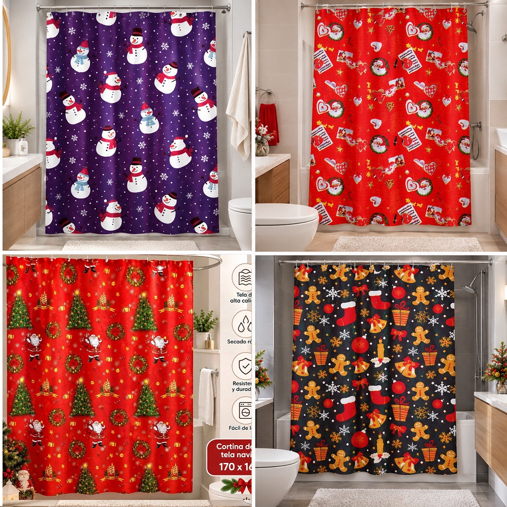 CORTINA PARA BAÑO DE TELA IMPERMEABLE NAVIDEÑAS 170CM X 170CM - 2