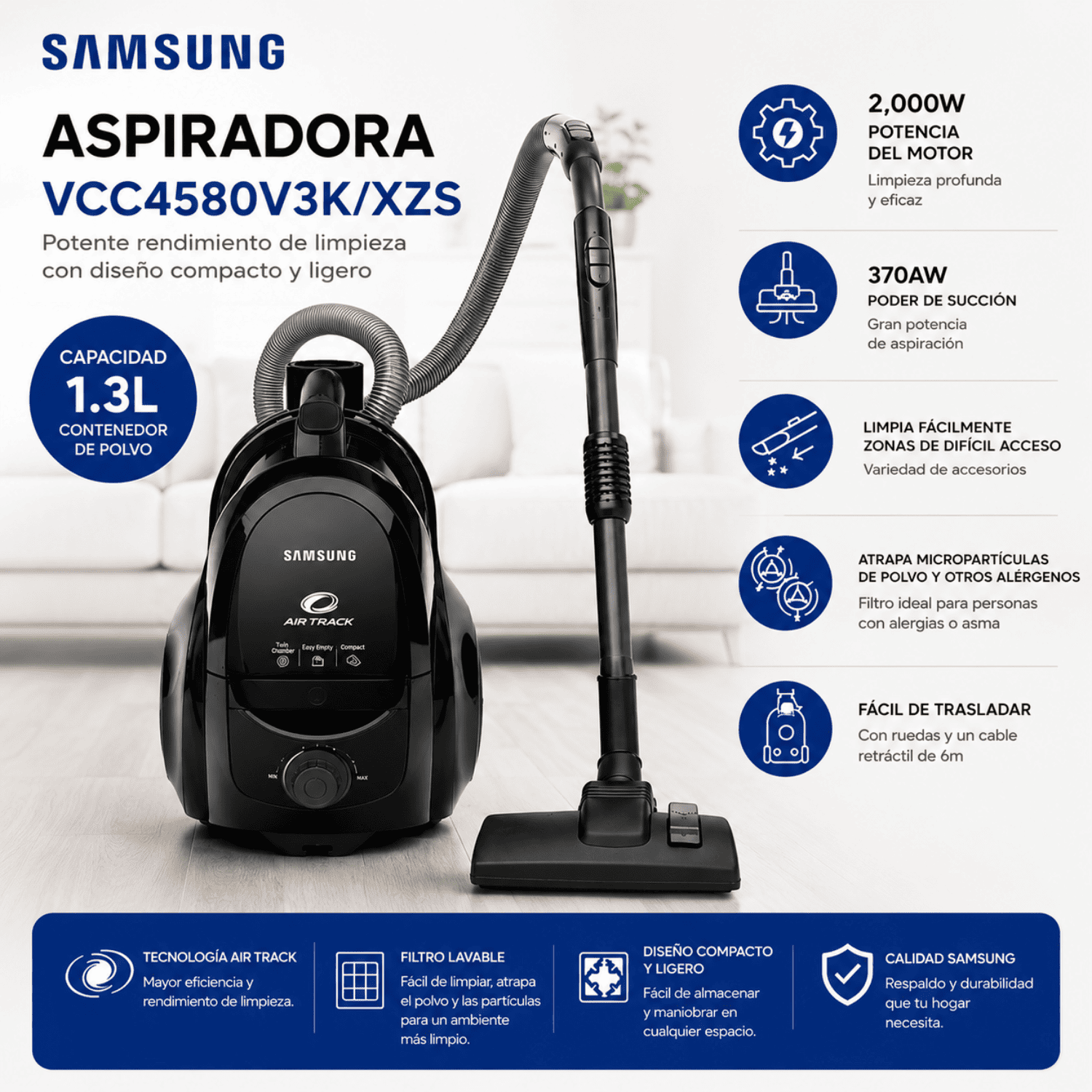 ASPIRADORA DE ARRASTRE CICLÓNICA SAMSUNG VCC4580V3KXZS 2000W NEGRO - 1