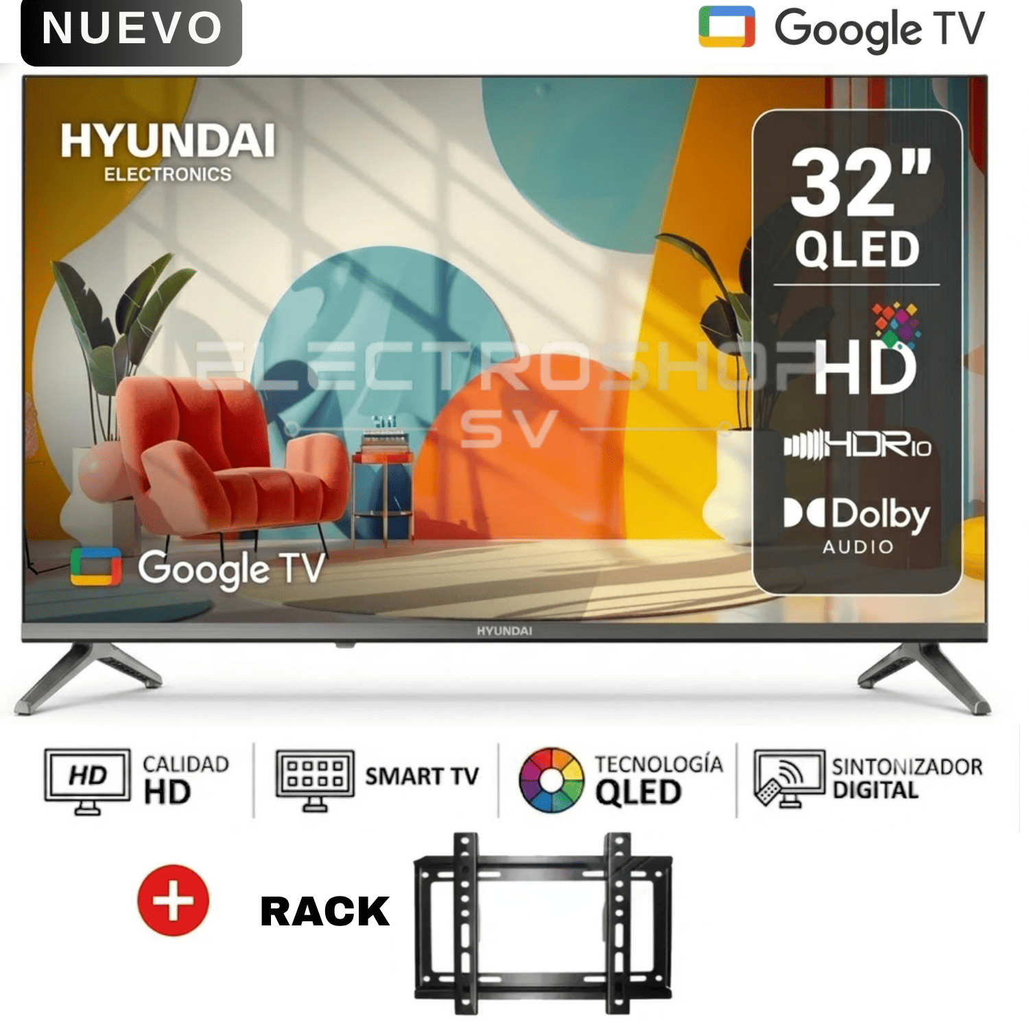 TELEVISOR HYUNDAI 32' QLED SMART TV HYLED3259QG GOOGLE TV + RACK - 1