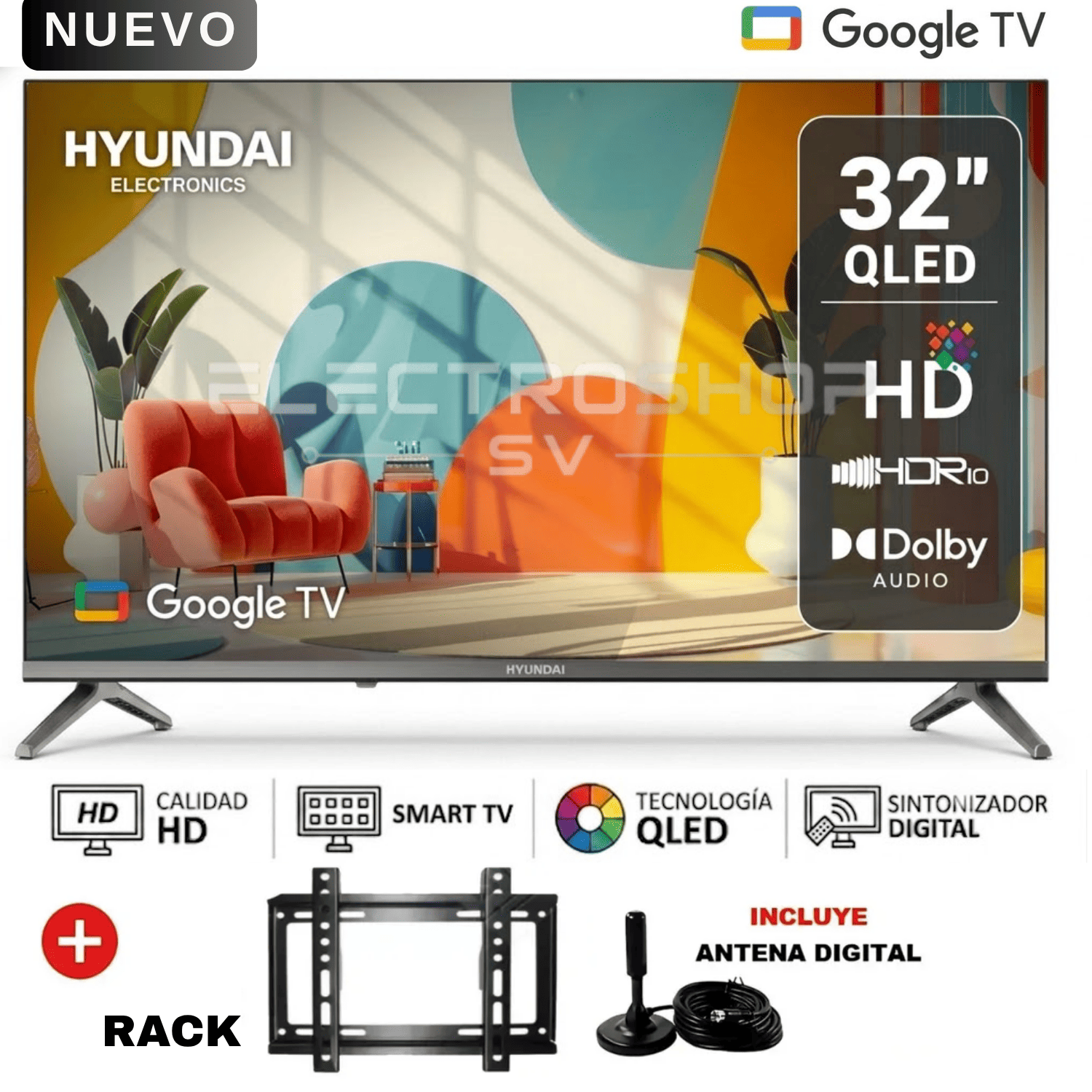 TELEVISOR HYUNDAI 32' QLED SMART TV HYLED3259QG GOOGLE TV + RACK Y ANTENA - 1