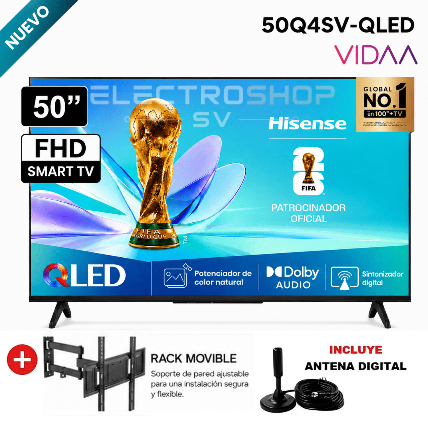 TELEVISOR SMART TV HISENSE 50 QLED FULL HD 50Q4SV 2026 + RACK Y ANTENA DIGITAL - 1