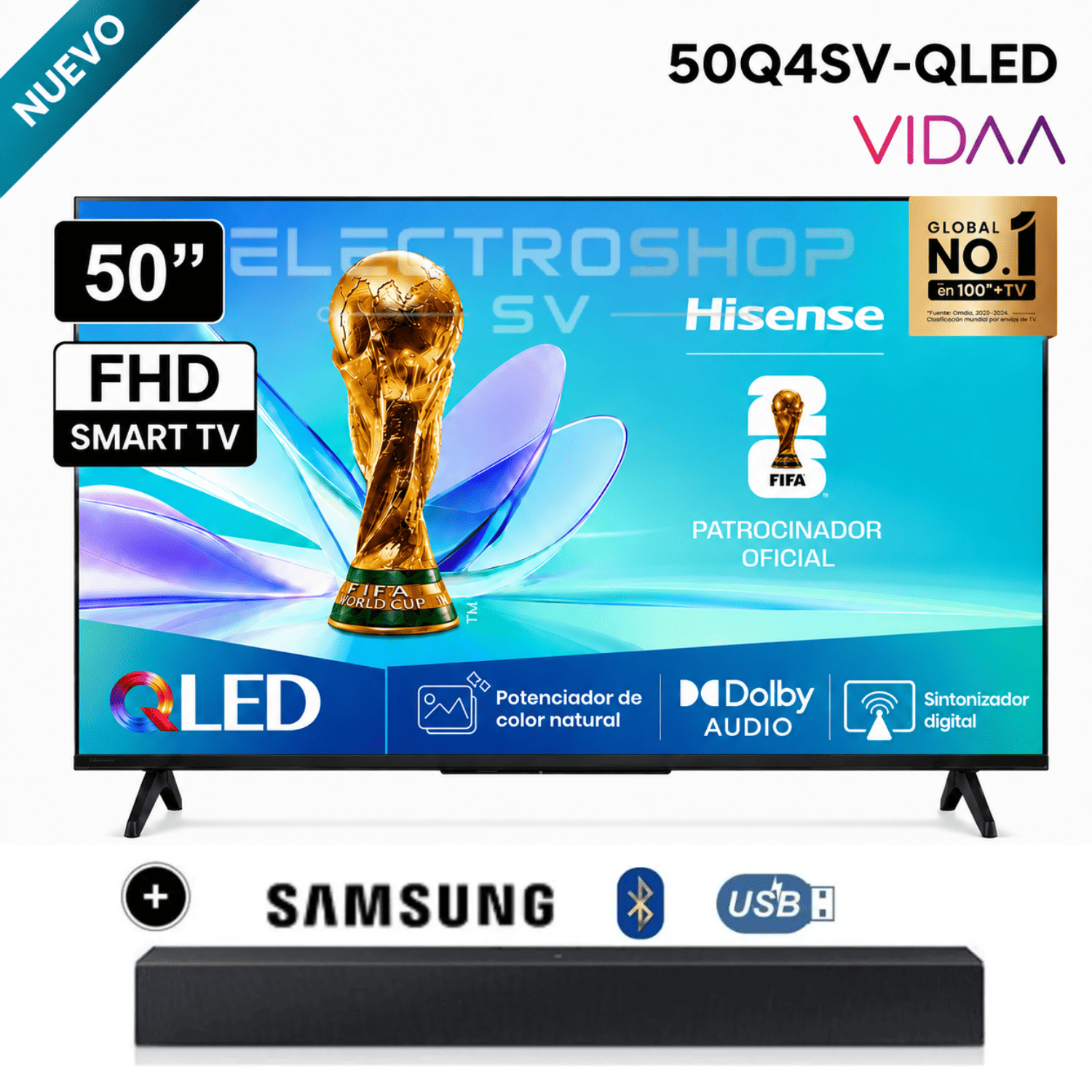 TELEVISOR SMART TV HISENSE 50 QLED FULL HD 50Q4SV 2026 + SOUNDBAR SAMSUNG - 1