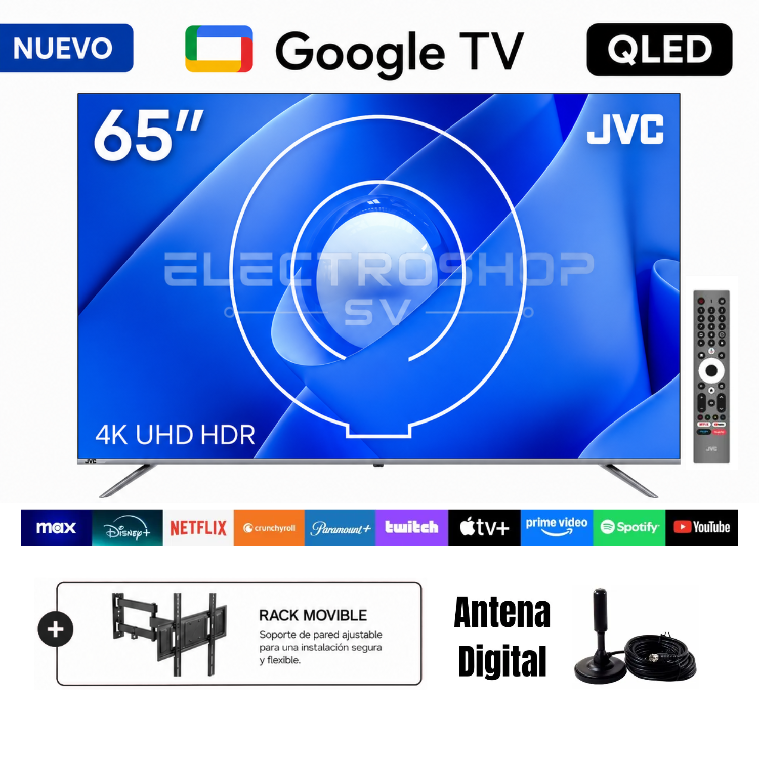 TELEVISOR JVC 65 QLED 4K GOOGLE TV SMART TV UHD + RACK Y ANTENA DIGITAL - 1