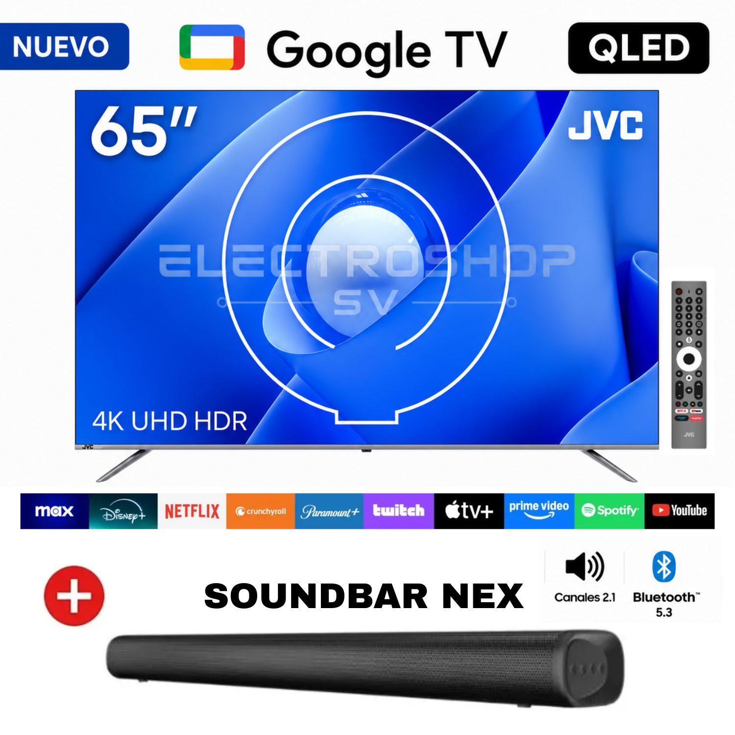TELEVISOR JVC 65 QLED 4K GOOGLE TV SMART TV UHD + SOUNDBAR NEX - 1