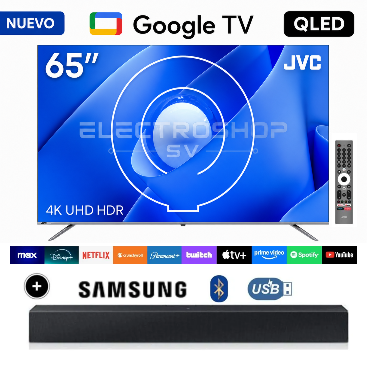TELEVISOR JVC 65 QLED 4K GOOGLE TV SMART TV UHD + SOUNDBAR SAMSUNG - 1