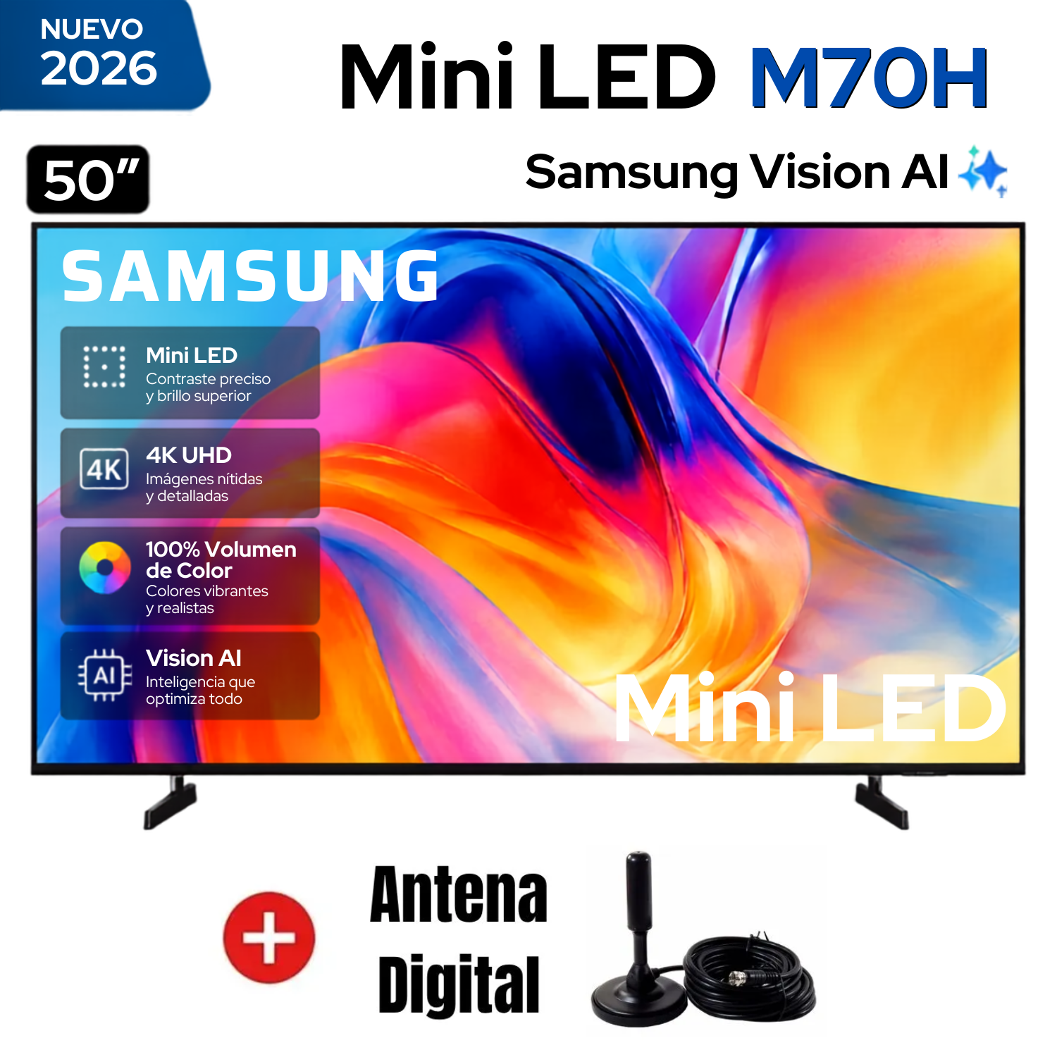 TELEVISOR SAMSUNG MINILED 4K ACTIVE HDR 50” UN50M70HAGXPE + ANTENA DIGITAL - 1