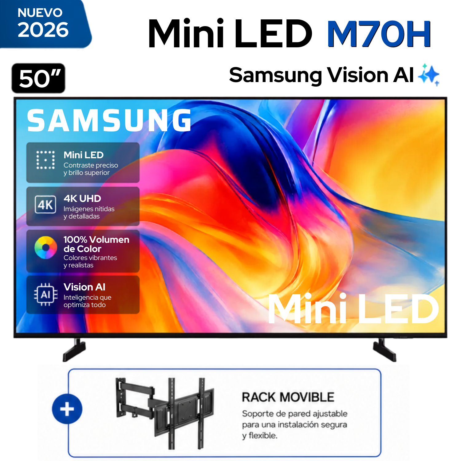 TELEVISOR SMART TV SAMSUNG 4K ACTIVE HDR 50” UN50M70HAGXPE + RACK - 1