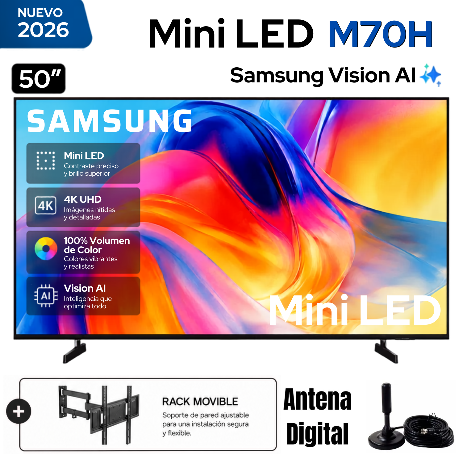 TELEVISOR SMART TV SAMSUNG 4K ACTIVE HDR 50” UN50M70HAGXPE + RACK Y ANTENA DIGITAL - 1