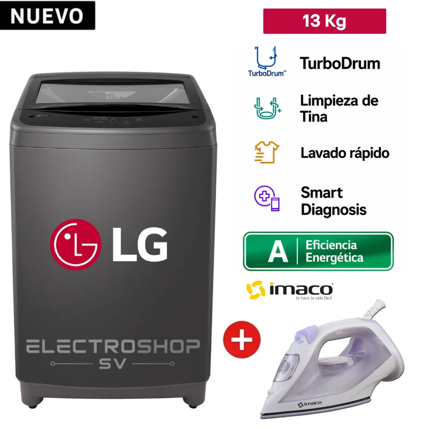 LAVADORA CARGA SUPERIOR 13KG WT13BVTB + PLANCHA IMACO - 1