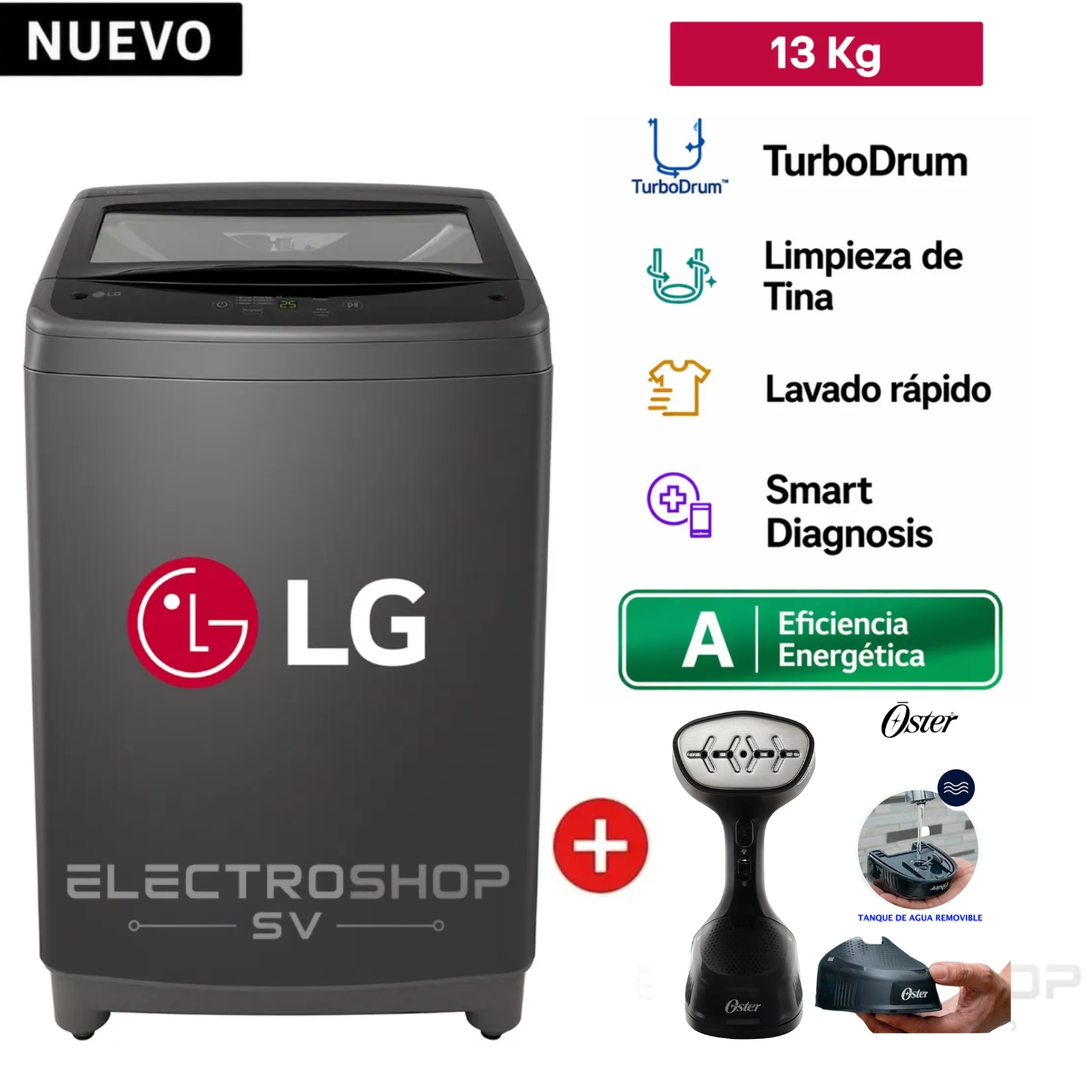 LAVADORA CARGA SUPERIOR 13KG WT13BVTB + VAPORIZADOR DE PRENDAS OSTER - 1