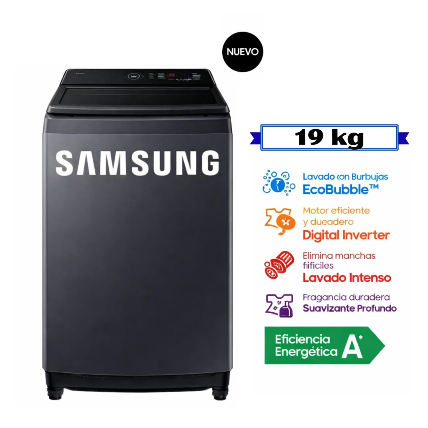 LAVADORA SAMSUNG 19KG ECOBUBBLE WA40F19E7CPE GRIS GRAFITO - 1