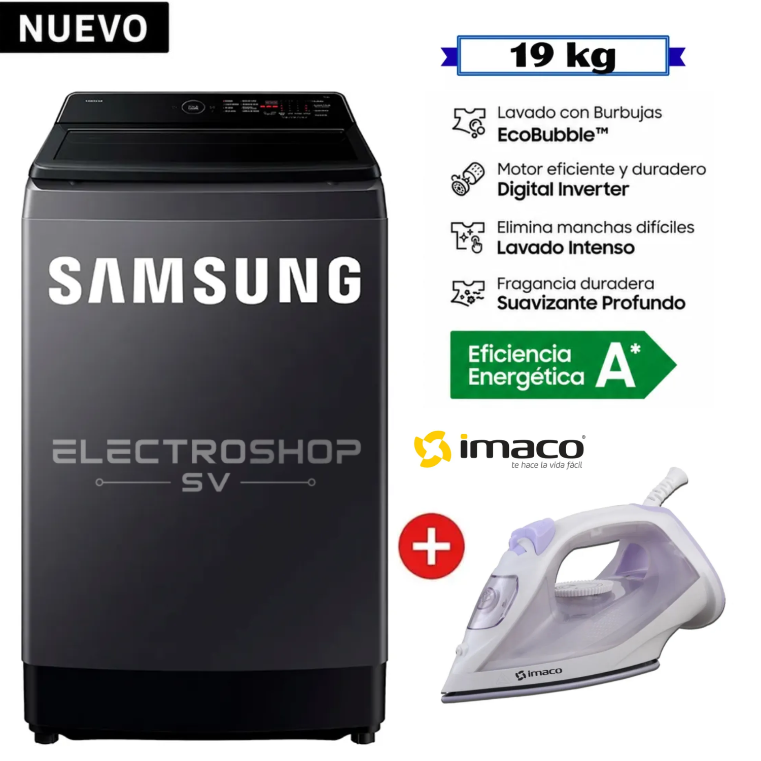 LAVADORA SAMSUNG 19KG ECOBUBBLE WA40F19E7CPE GRIS GRAFITO + PLANCHA IMACO - 1