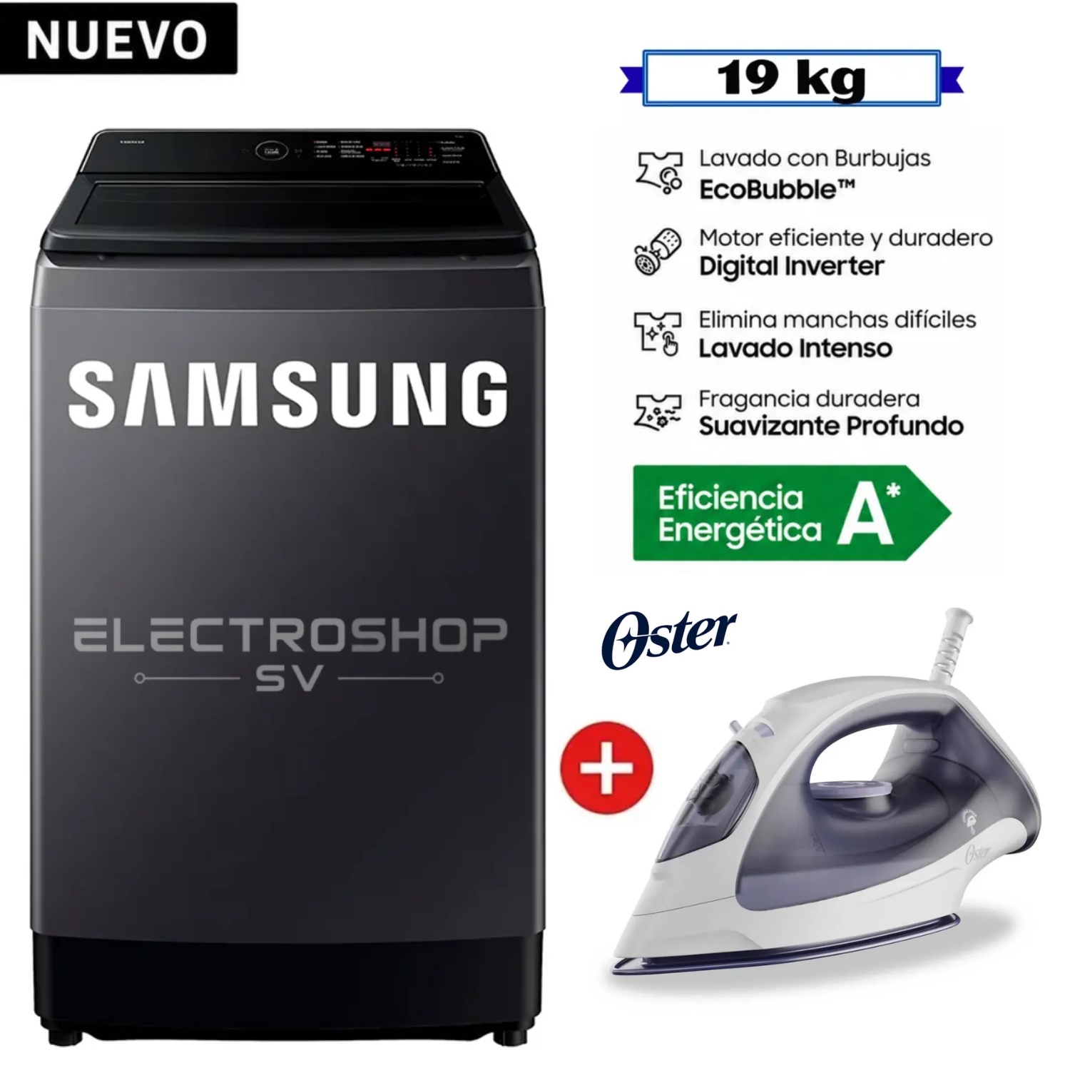 LAVADORA SAMSUNG 19KG ECOBUBBLE WA40F19E7CPE GRIS GRAFITO + PLANCHA OSTER - 1