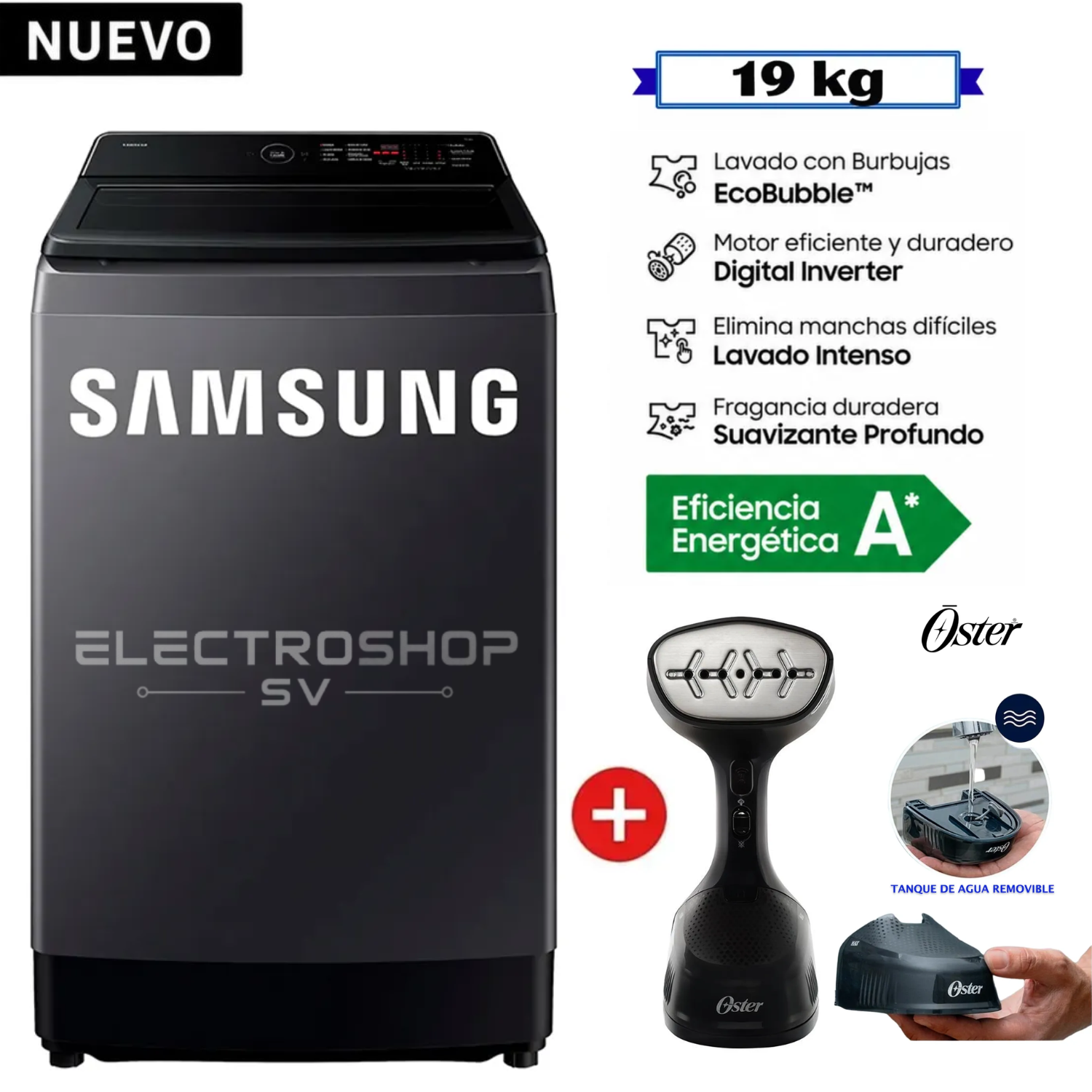 LAVADORA SAMSUNG 19KG ECOBUBBLE WA40F19E7CPE GRIS GRAFITO + VAPORIZADOR DE PRENDAS OSTER - 1