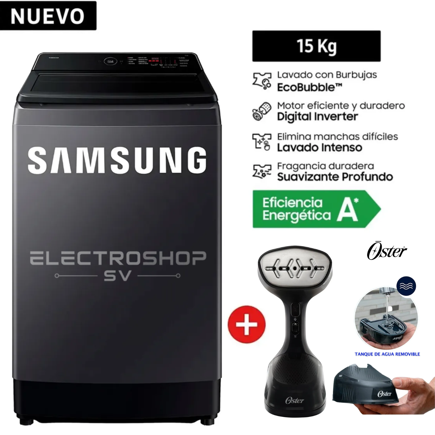 LAVADORA SAMSUNG 15KG WA40F15E4CPE ECOBUBBLE GRIS GRAFITO + VAPORIZADOR DE PRENDAS OSTER - 1