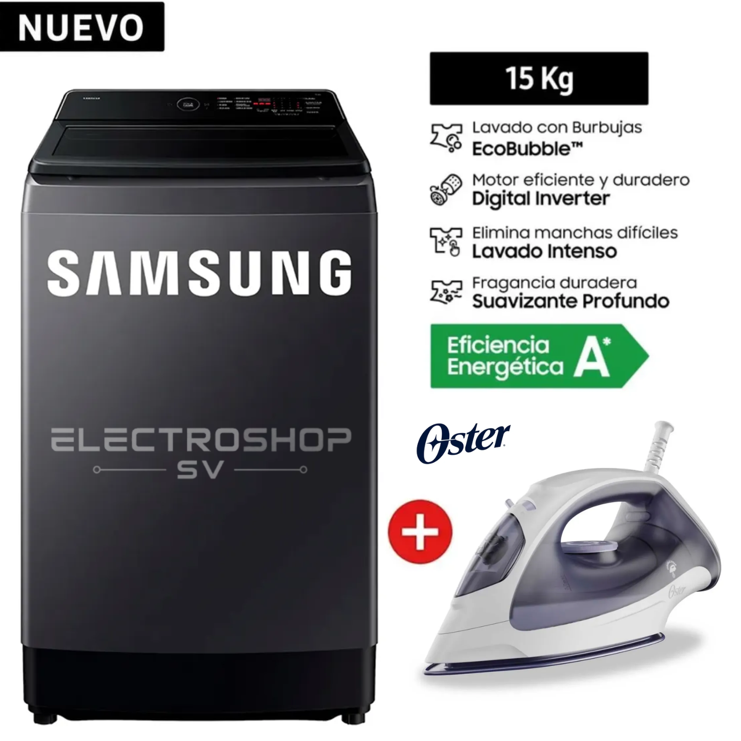 LAVADORA SAMSUNG 15KG WA40F15E4CPE ECOBUBBLE GRIS GRAFITO + PLANCHA OSTER - 1