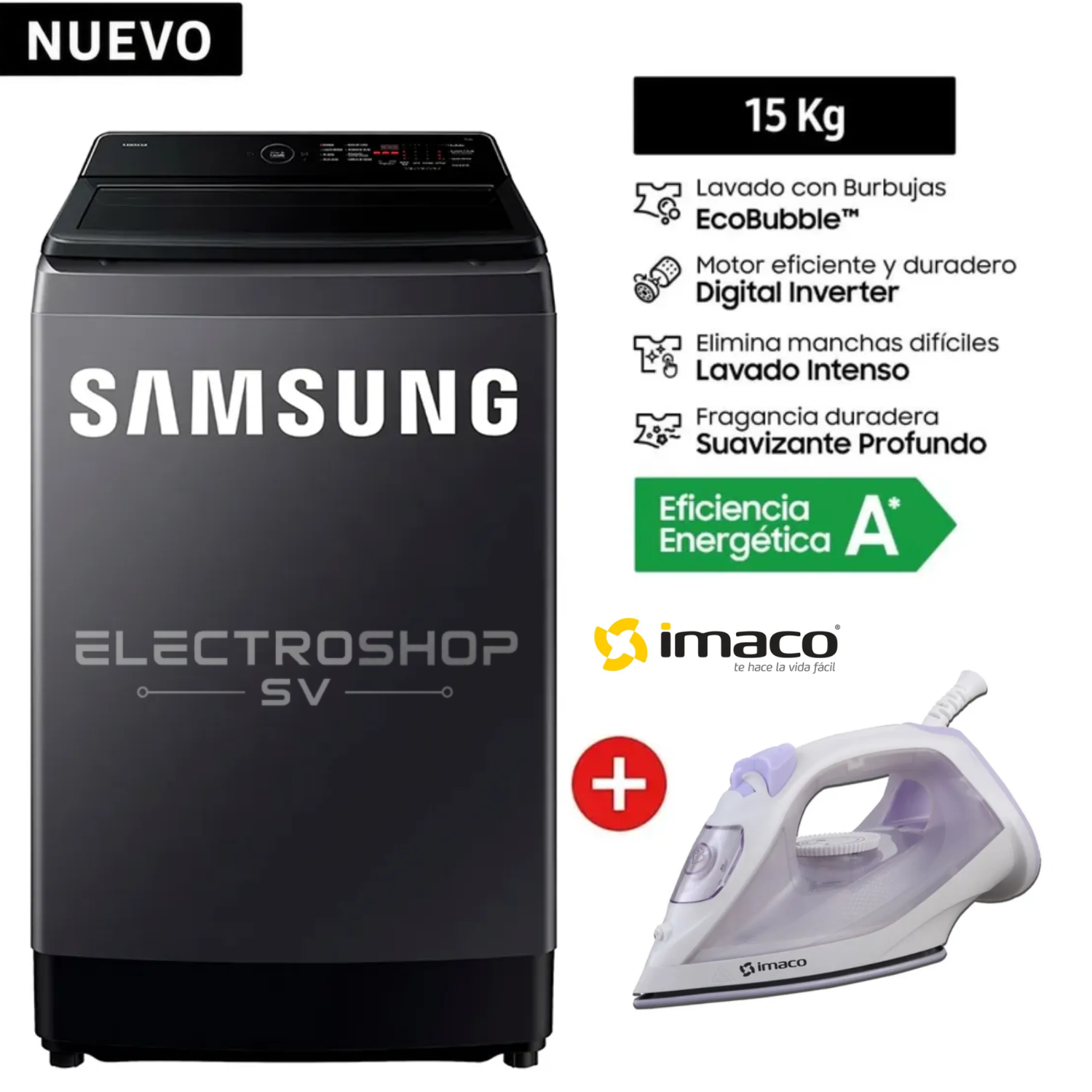 LAVADORA SAMSUNG 15KG WA40F15E4CPE ECOBUBBLE GRIS GRAFITO + PLANCHA IMACO - 1