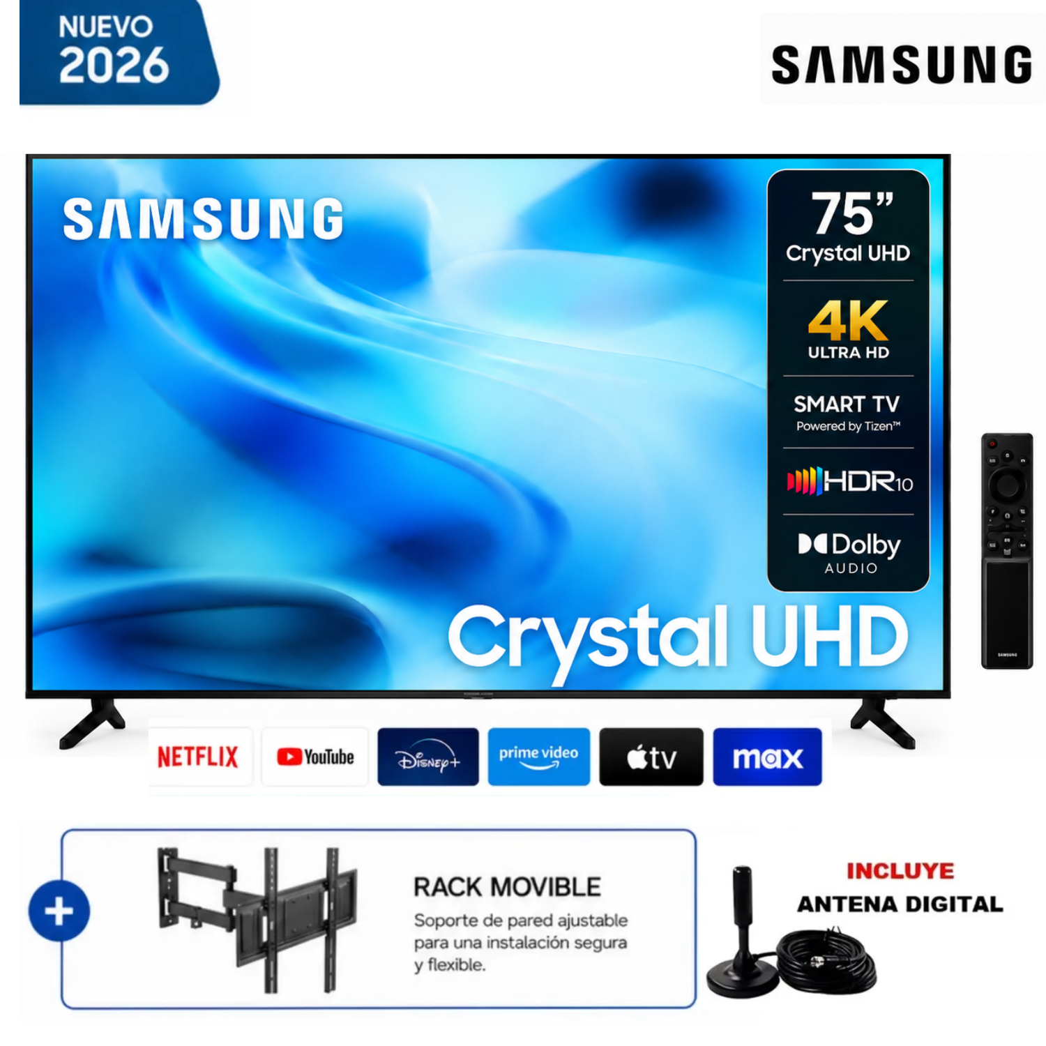 TELEVISOR SAMSUNG 75 UHD U8000H VISION AI SMART TV 2026 + RACK + ANTENA - 1