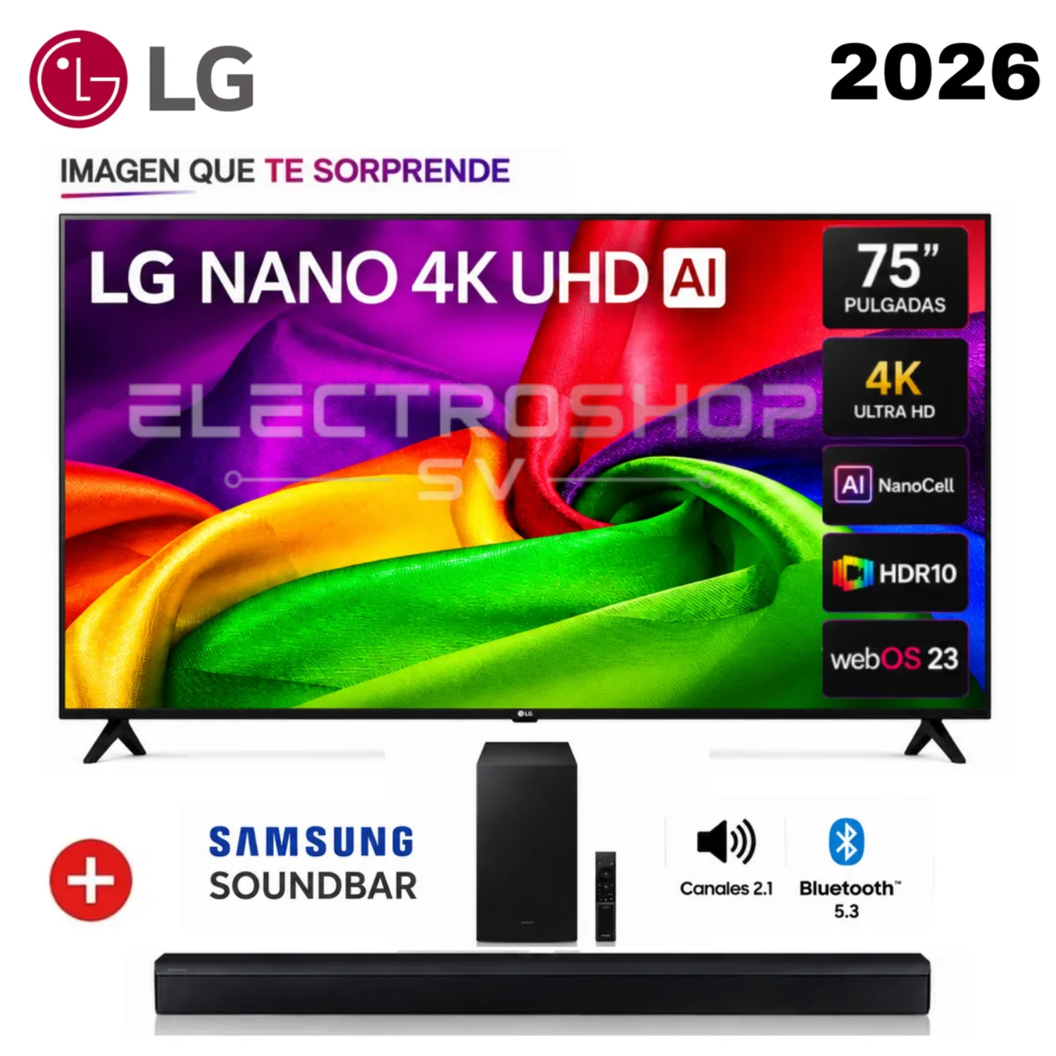 TELEVISOR LG 75' NANO 75NU800BPSB 4K UHD AI SMART TV 2026 + SOUNDBAR B450 - 1