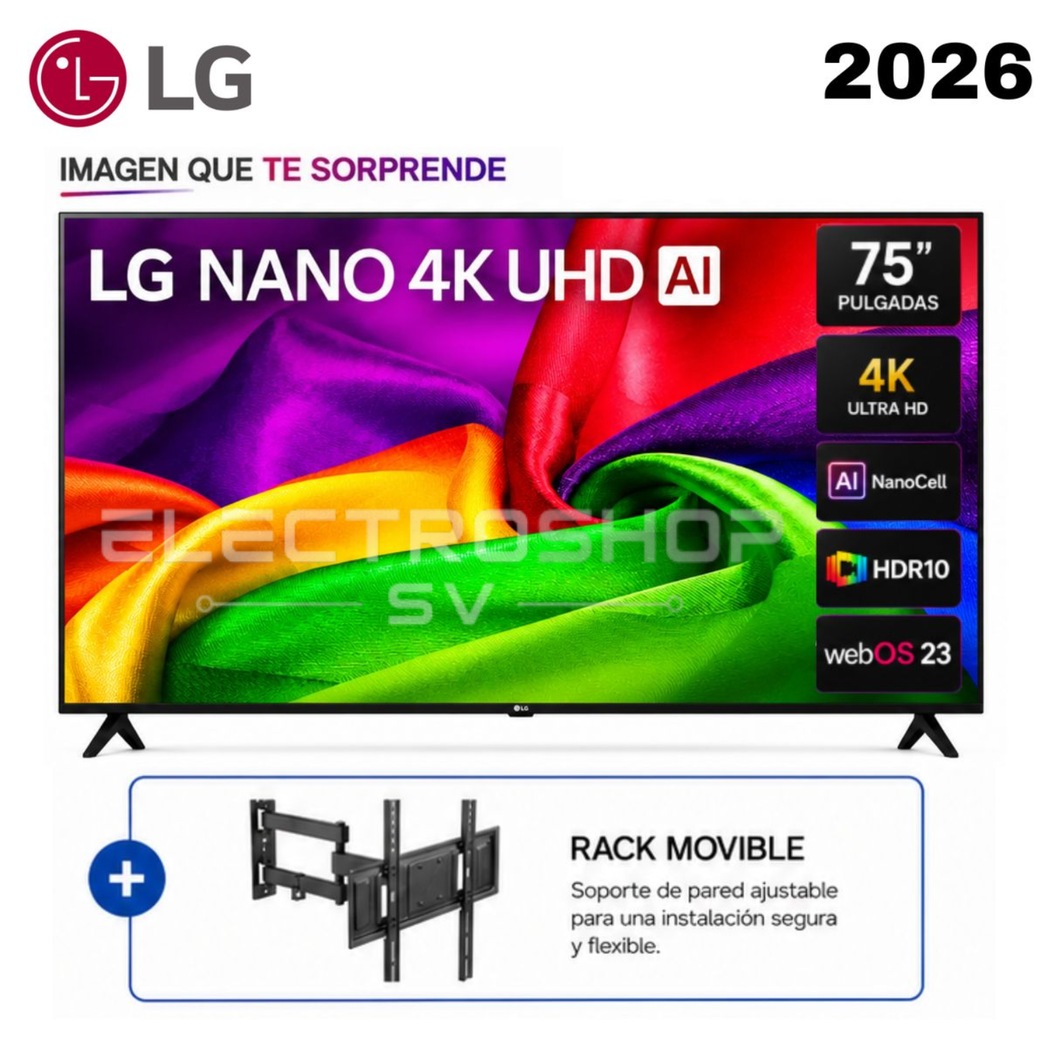 TELEVISOR LG 75” NANO 4K UHD AI SMART TV 75NU800BPSB 2026 + RACK - 1