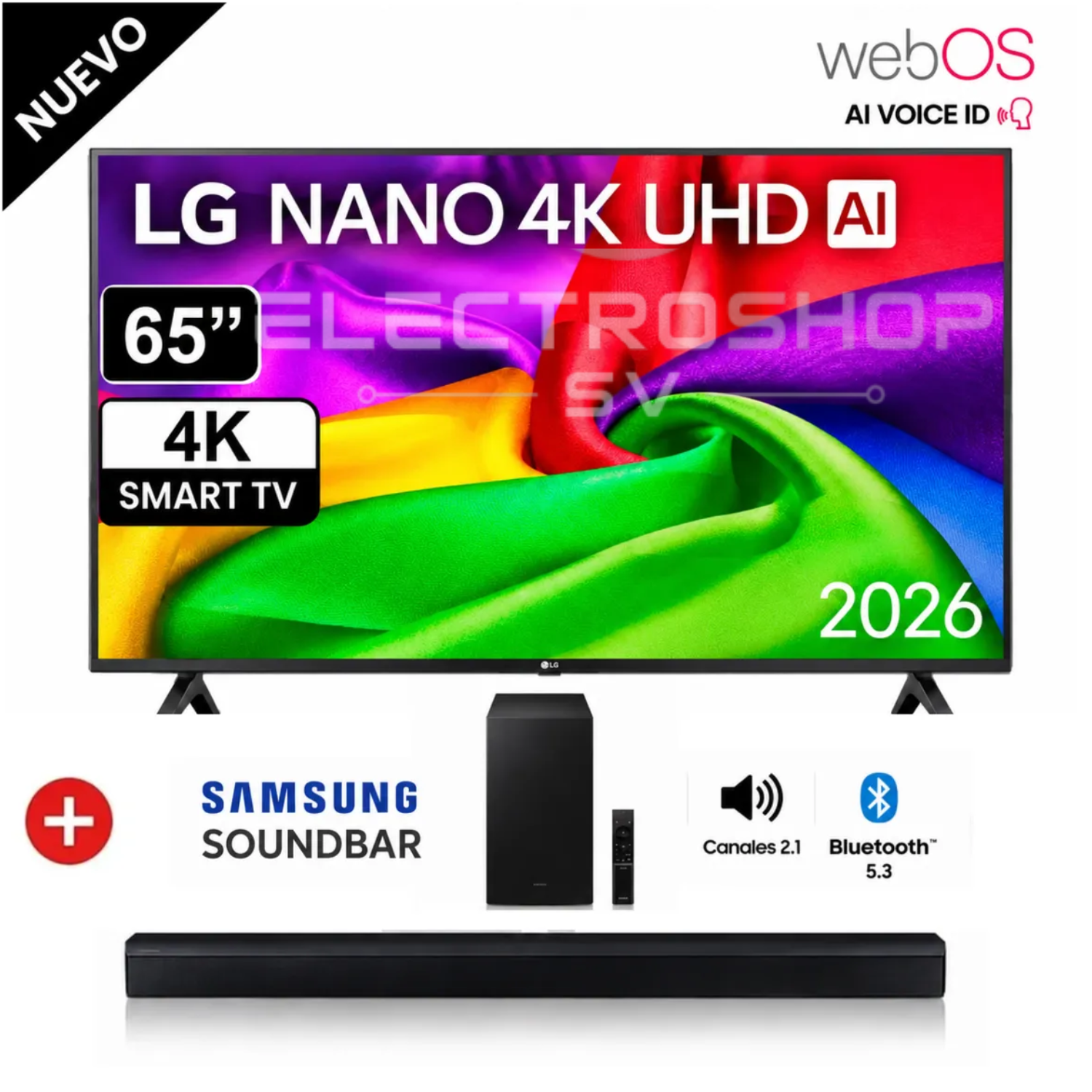 TELEVISOR LG 65' PULG NANO 4K UHD AI SMART TV 65NU800BPSB 2026 + SOUNDBAR B450 - 1