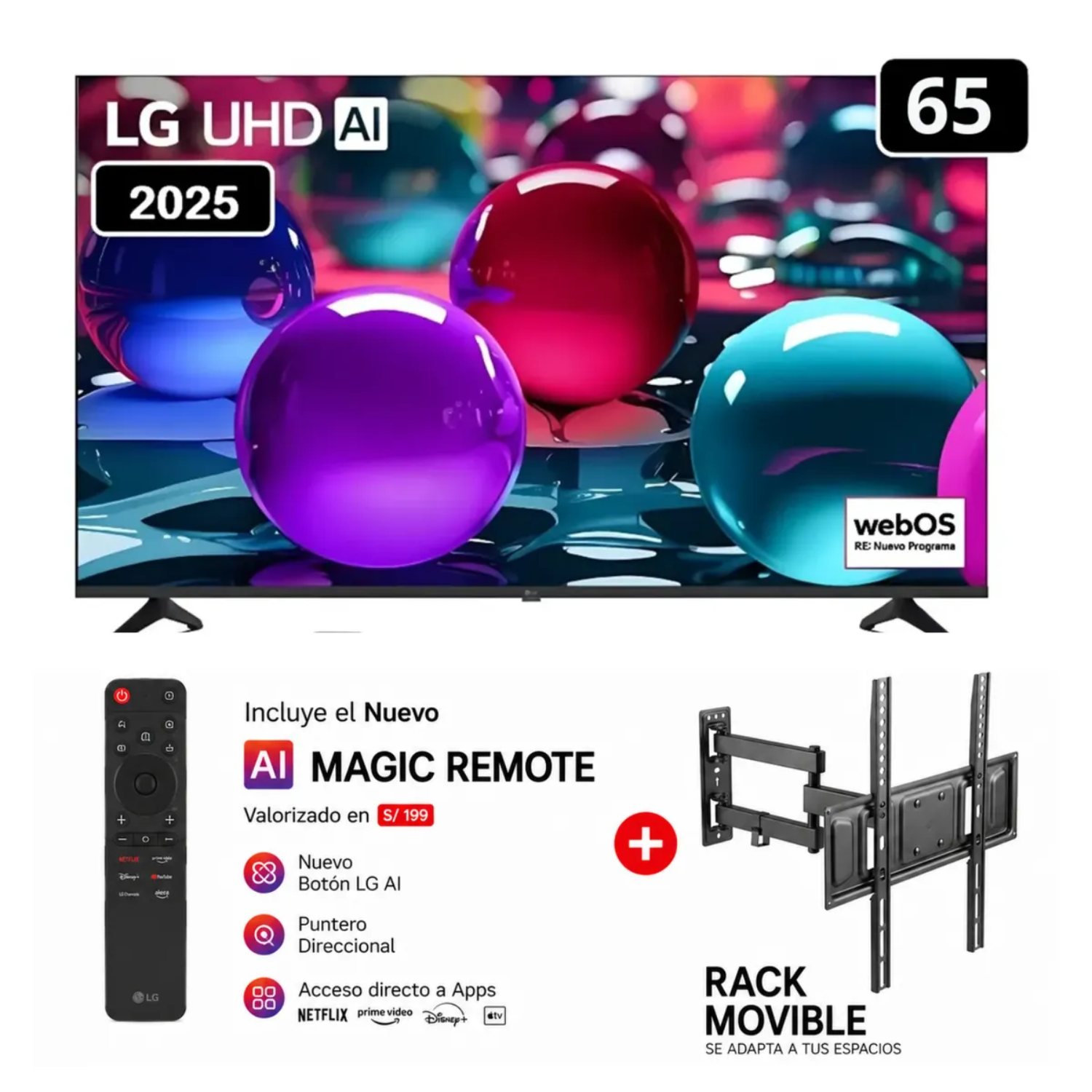 TELEVISOR LG 65 PULG ULTRA HD 4K AI THINQ 65UA7300 MODELO 2025- NEGRO + RACK - 1