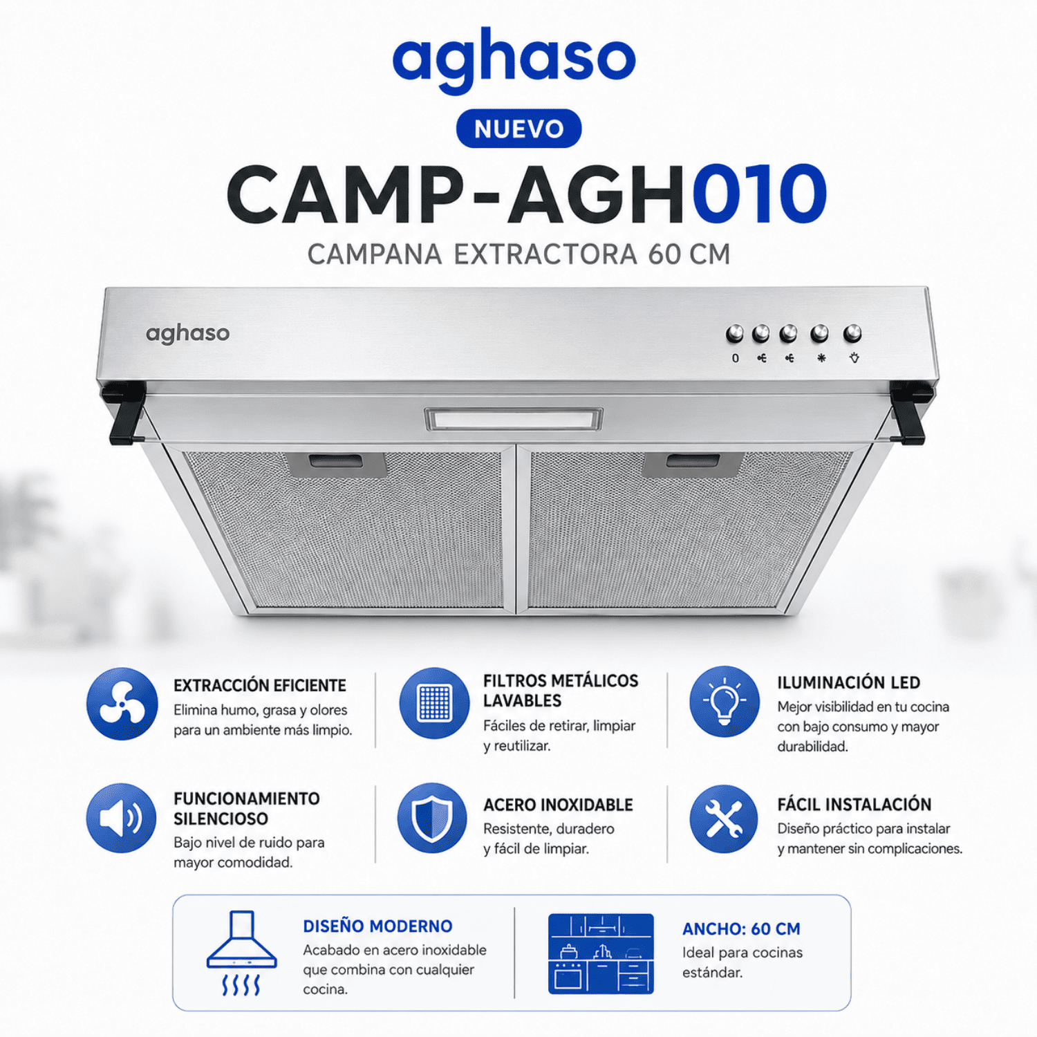 CAMPANA EXTRACTORA AGHASO CAMP-AGH010 INOX 60CM - 1