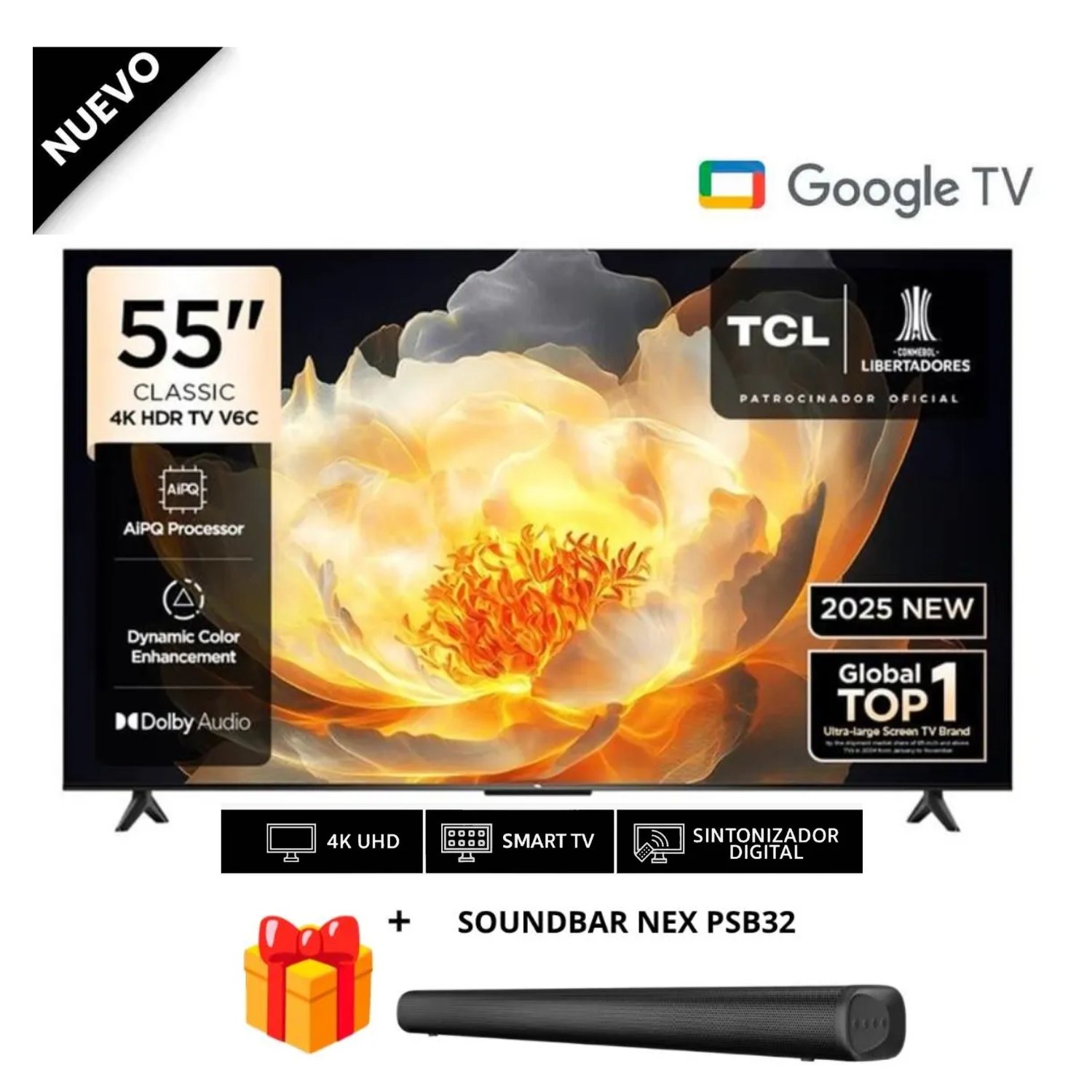 TELEVISOR TCL 55” 4K HDR GOOGLE TV SMART TV 55V6C + SOUNDBAR NEX - 1