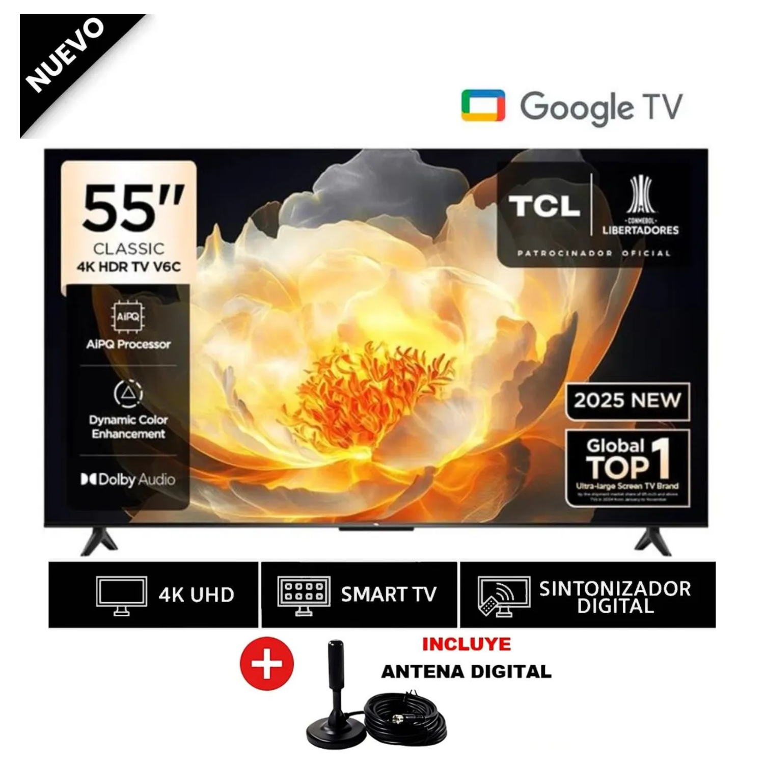 TELEVISOR TCL 55” 4K HDR GOOGLE TV SMART TV 55V6C + ANTENA - 1