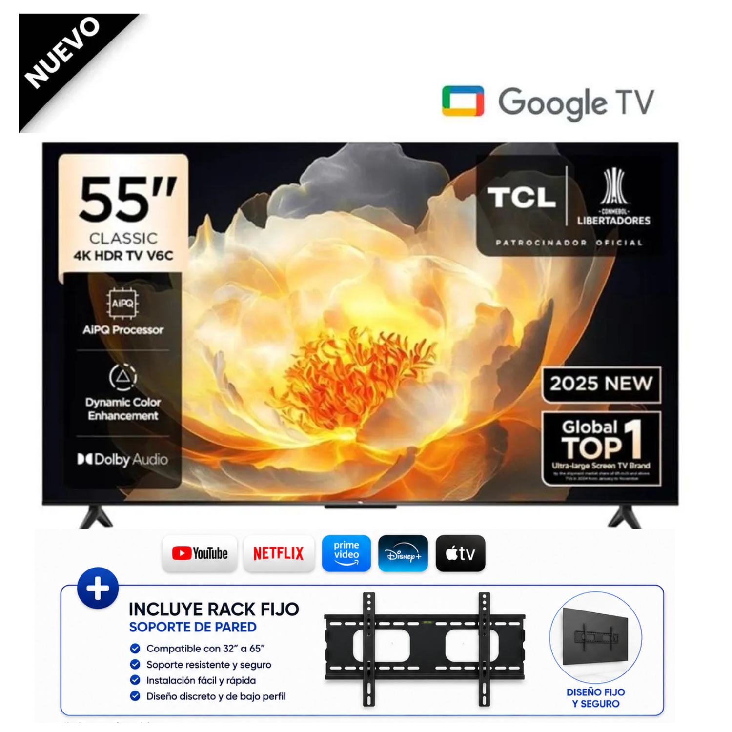 TELEVISOR TCL 55” 4K HDR GOOGLE TV SMART TV 55V6C + RACK - 1