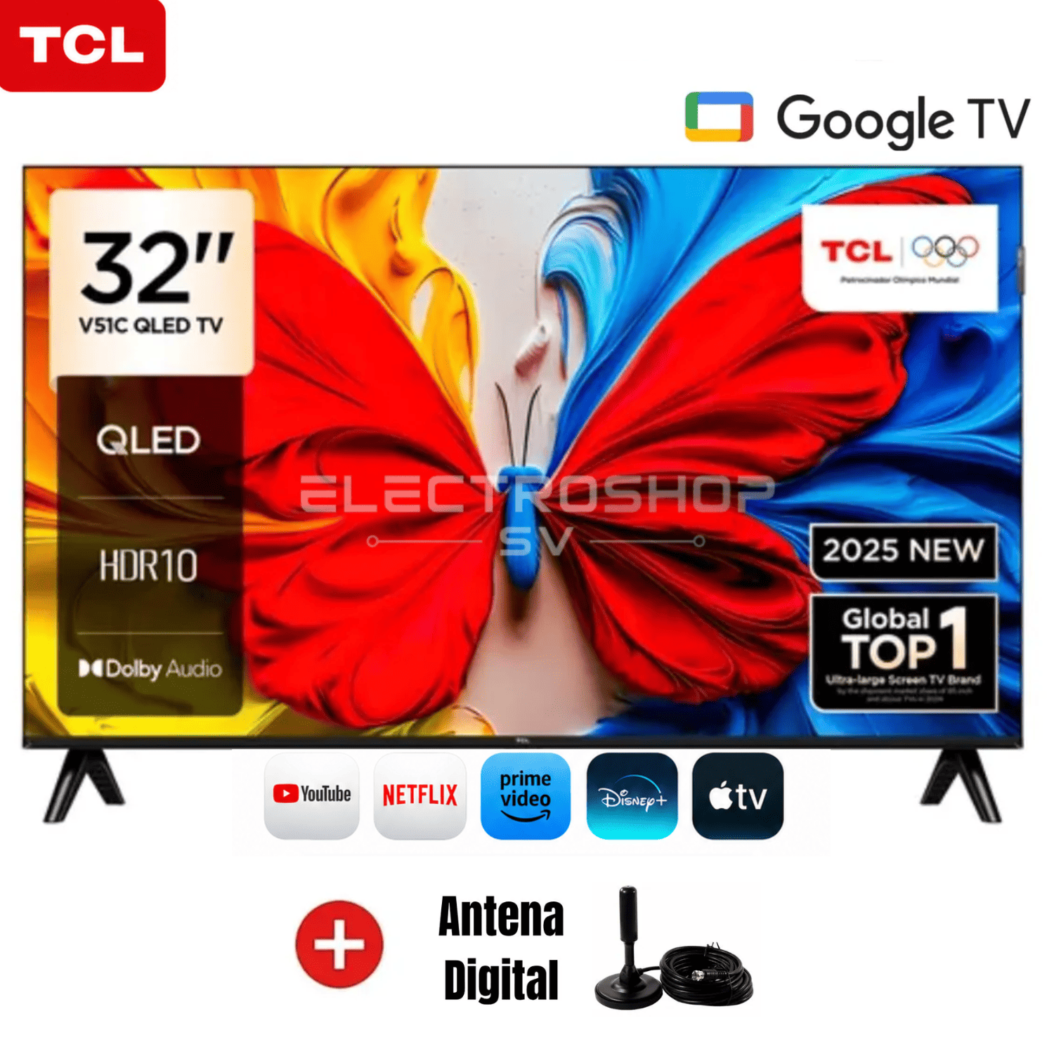 TELEVISOR TCL QLED 32 FHD GOOGLE TV 32S5K + ANTENA DIGITAL - 1