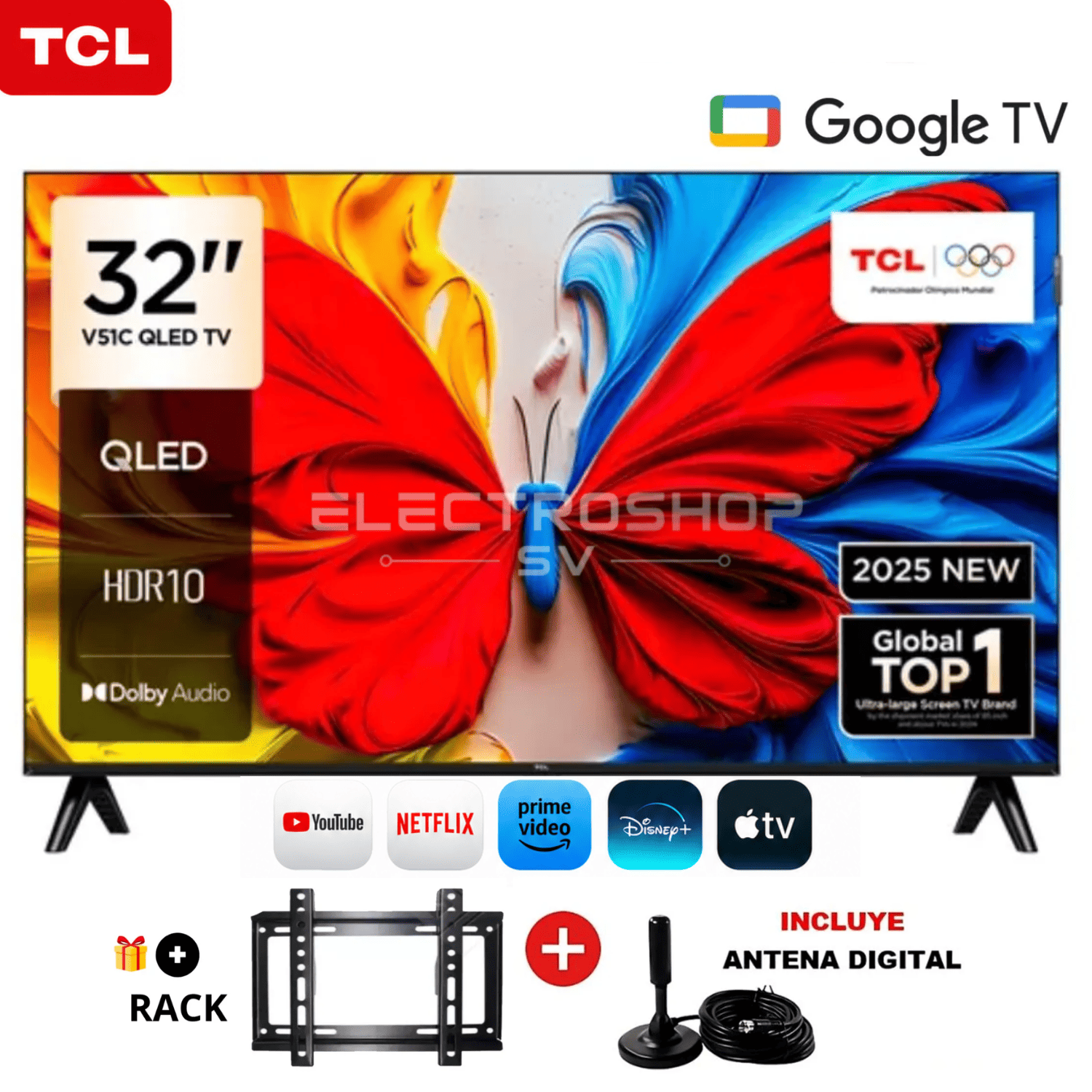 TELEVISOR TCL QLED 32 FHD GOOGLE TV 32S5K + RACK + ANTENA - 1