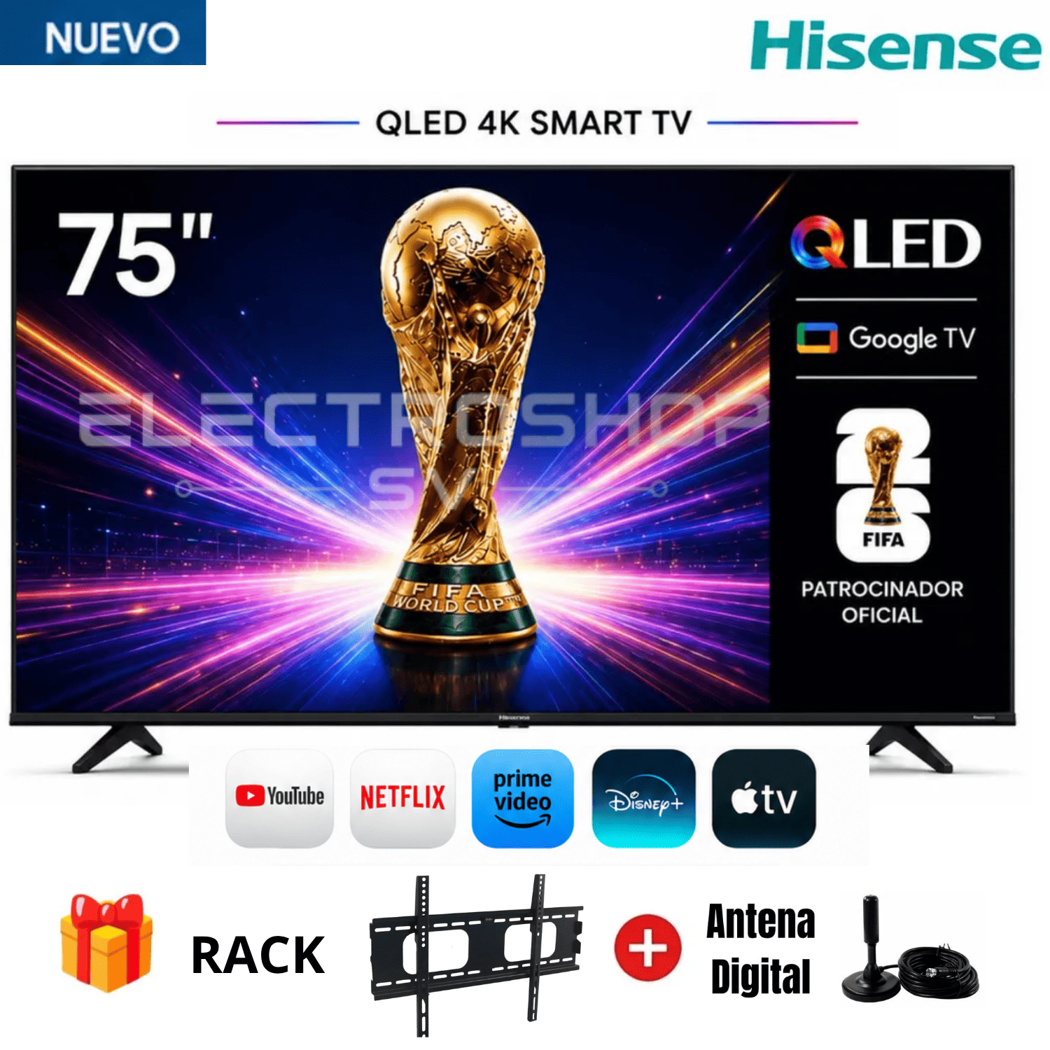 TELEVISOR HISENSE 75 QLED UHD 4K 75QD6N GOOGLETV + RACK + ANTENA - 1