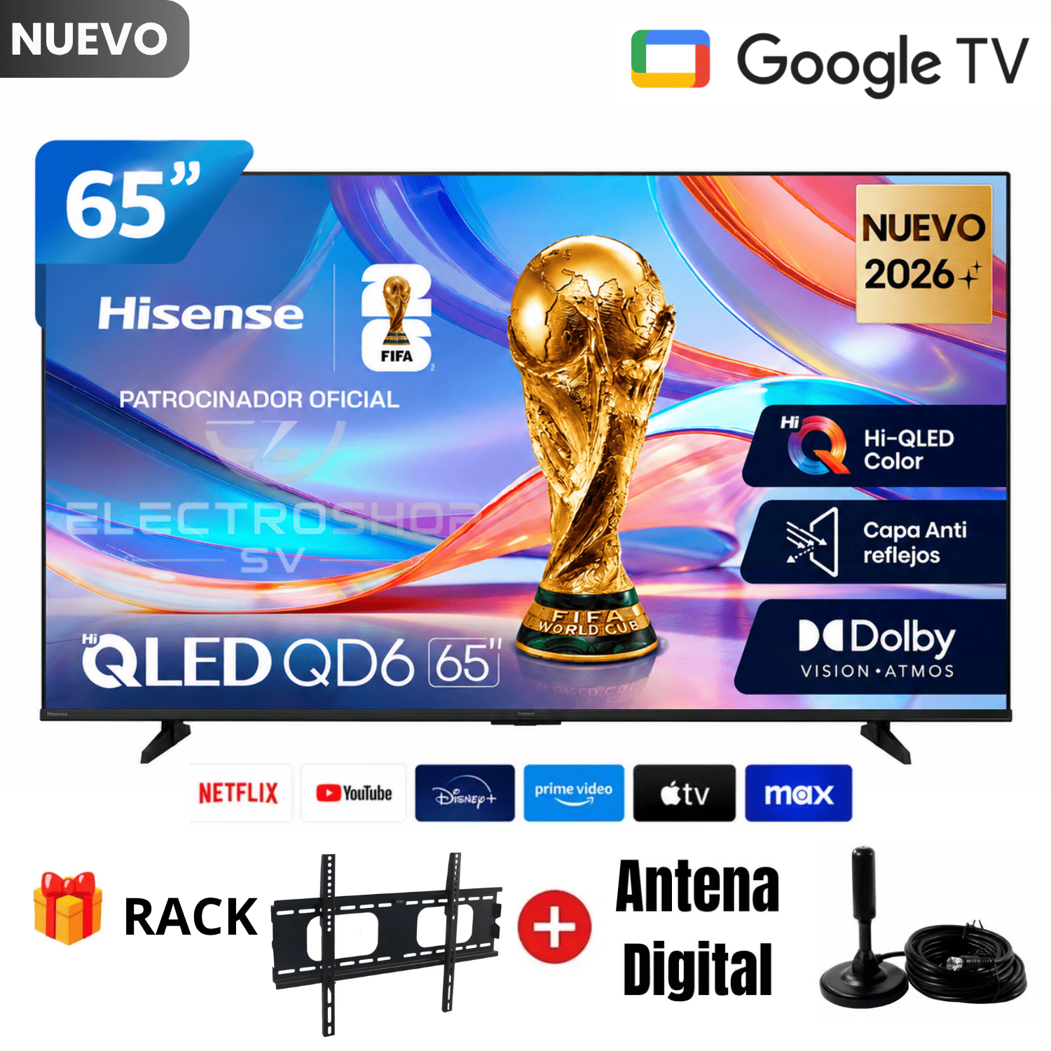 TELEVISOR HISENSE 65 HI-QLED 4K MATE 65QD68SG SMART TV + RACK + ANTENA - 1