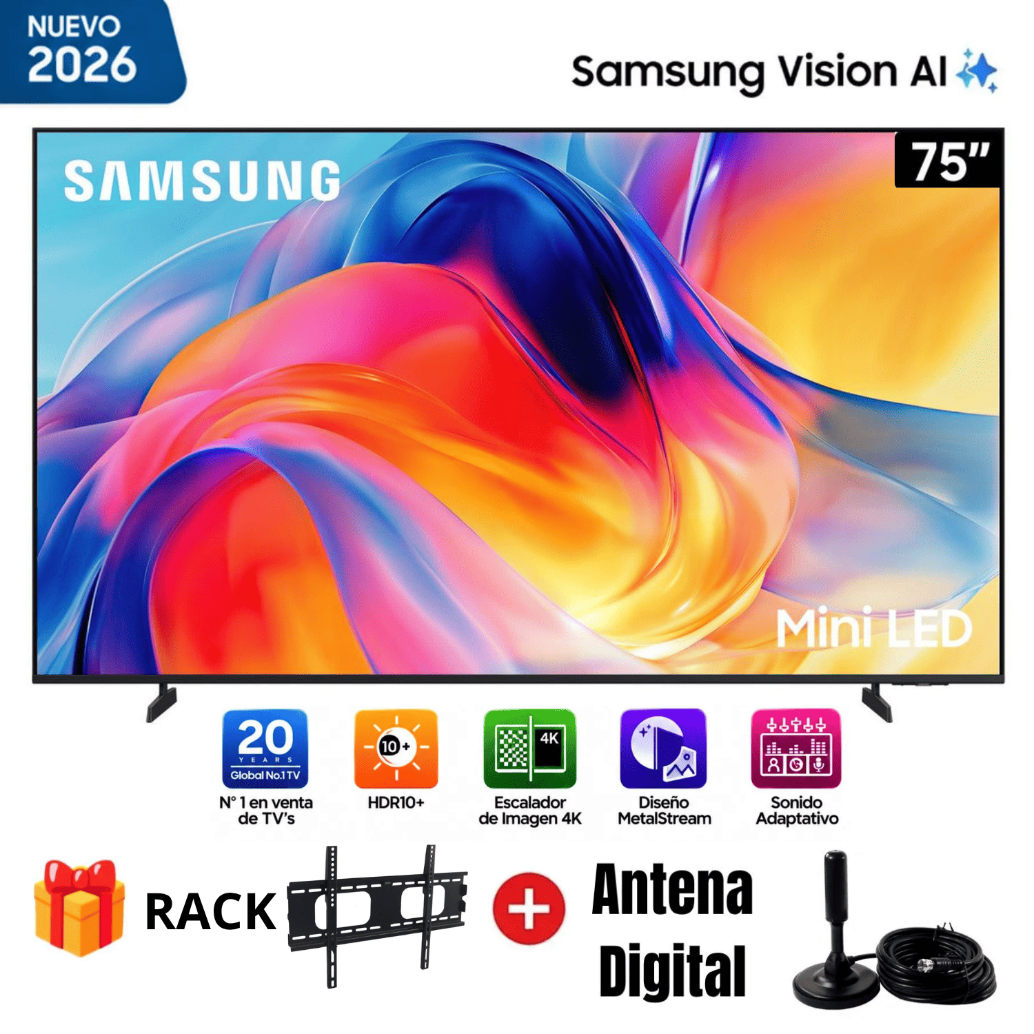 TELEVISOR SAMSUNG 75 MINI LED M70H VISION AI SMART TV 2026 + RACK + ANTENA - 1