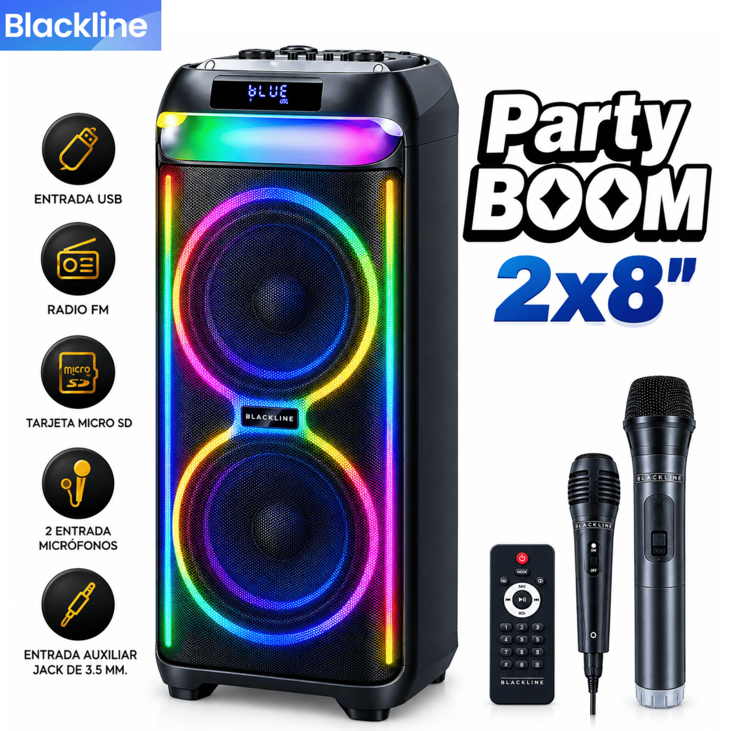 PARLANTE BLACKLINE 2X8 BT FM USB S. ESPACIAL DSP TWS PARTY BOOM - 1