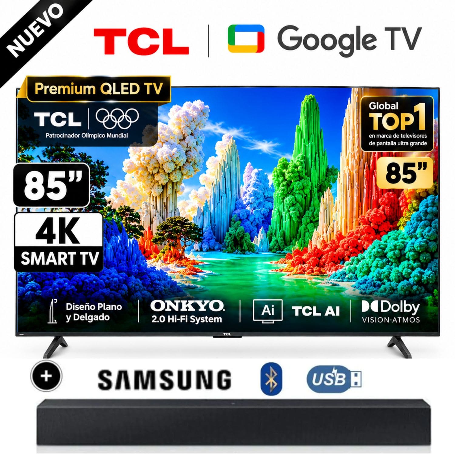 TELEVISOR TCL 85 PREMIUM QLED UHD 4K GOOGLE TV 85A400 + SOUNDBAR SAMSUNG - 1