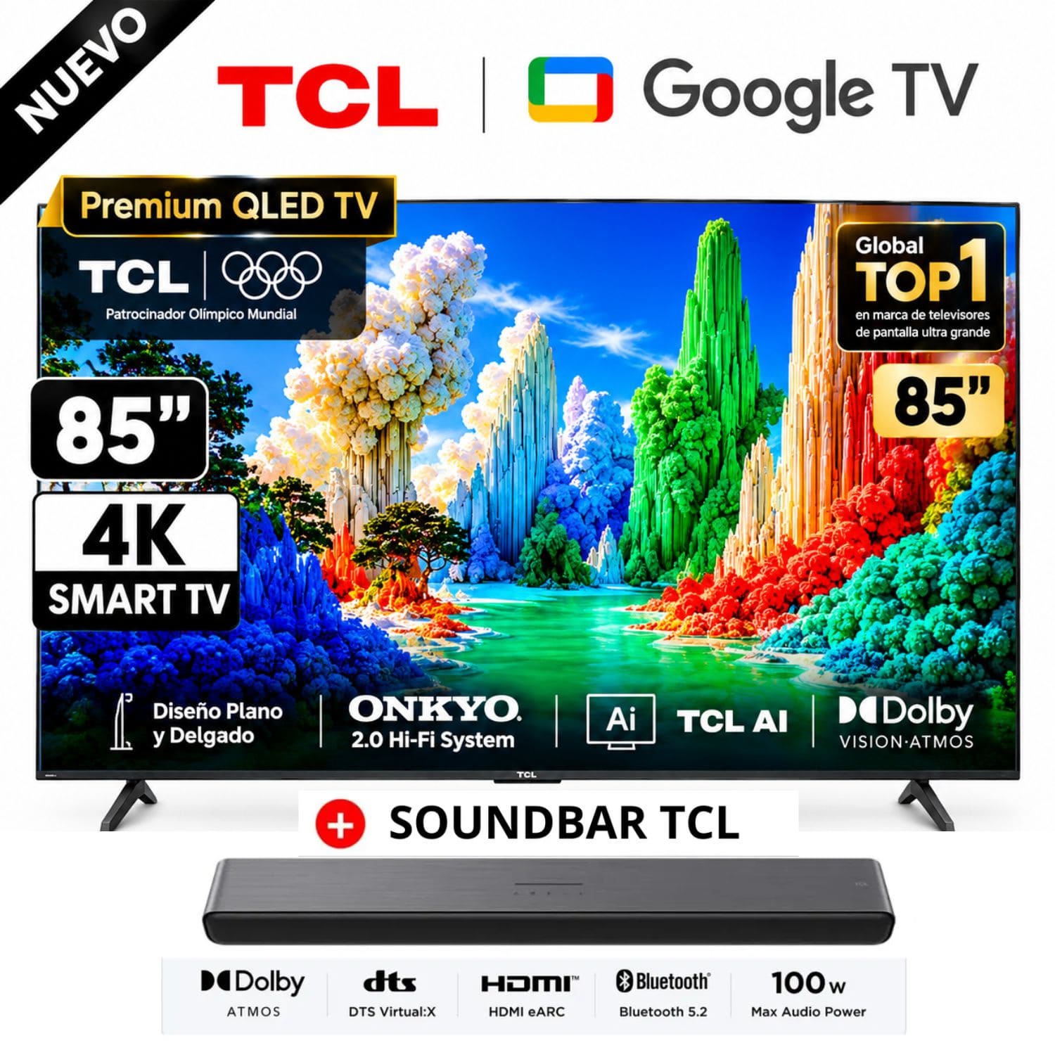 TELEVISOR TCL 85 PREMIUM QLED UHD 4K GOOGLE TV 85A400 + SOUNDBAR TCL - 1