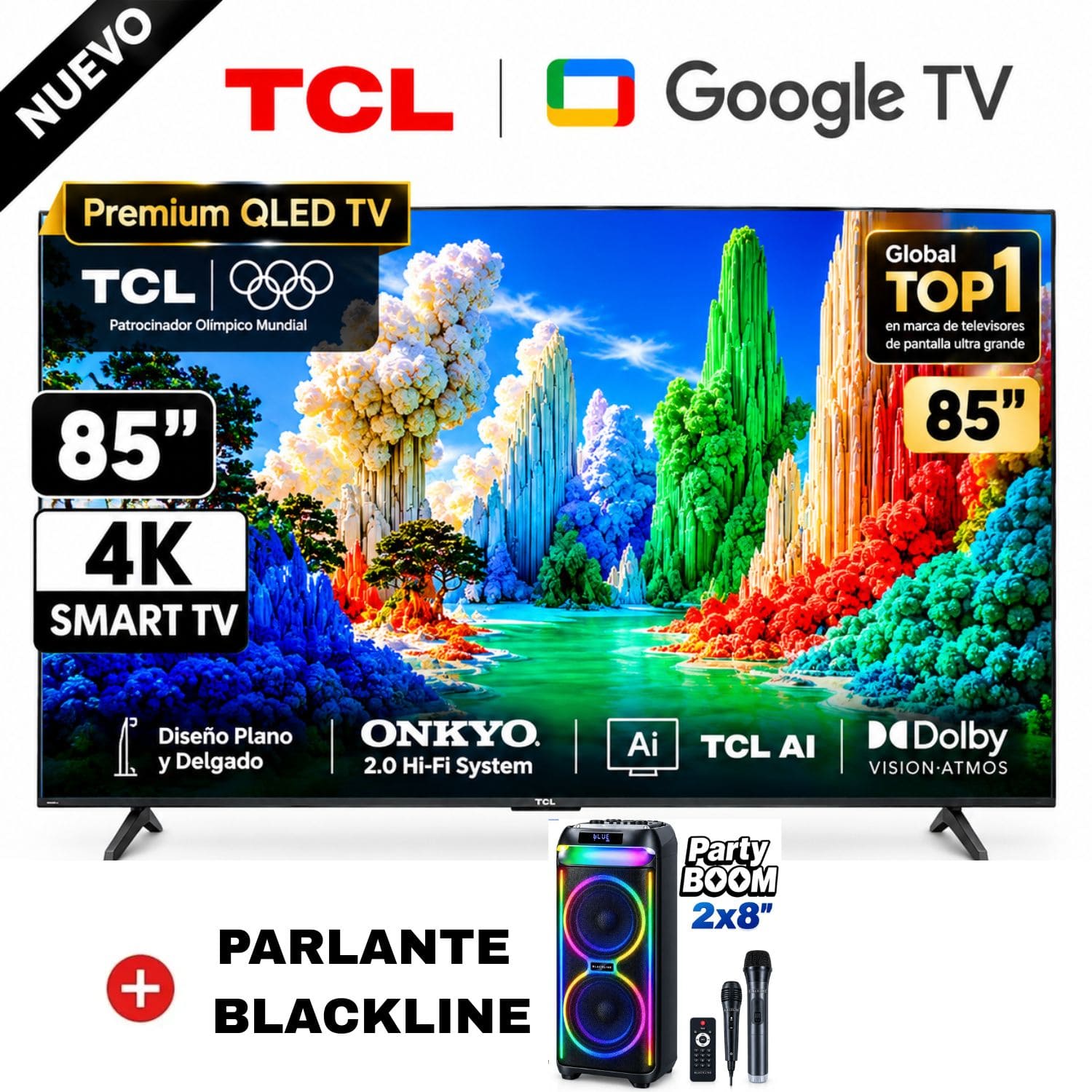 TELEVISOR TCL 85 PREMIUM QLED UHD 4K GOOGLE TV 85A400 + PARLANTE BLACKLINE - 1