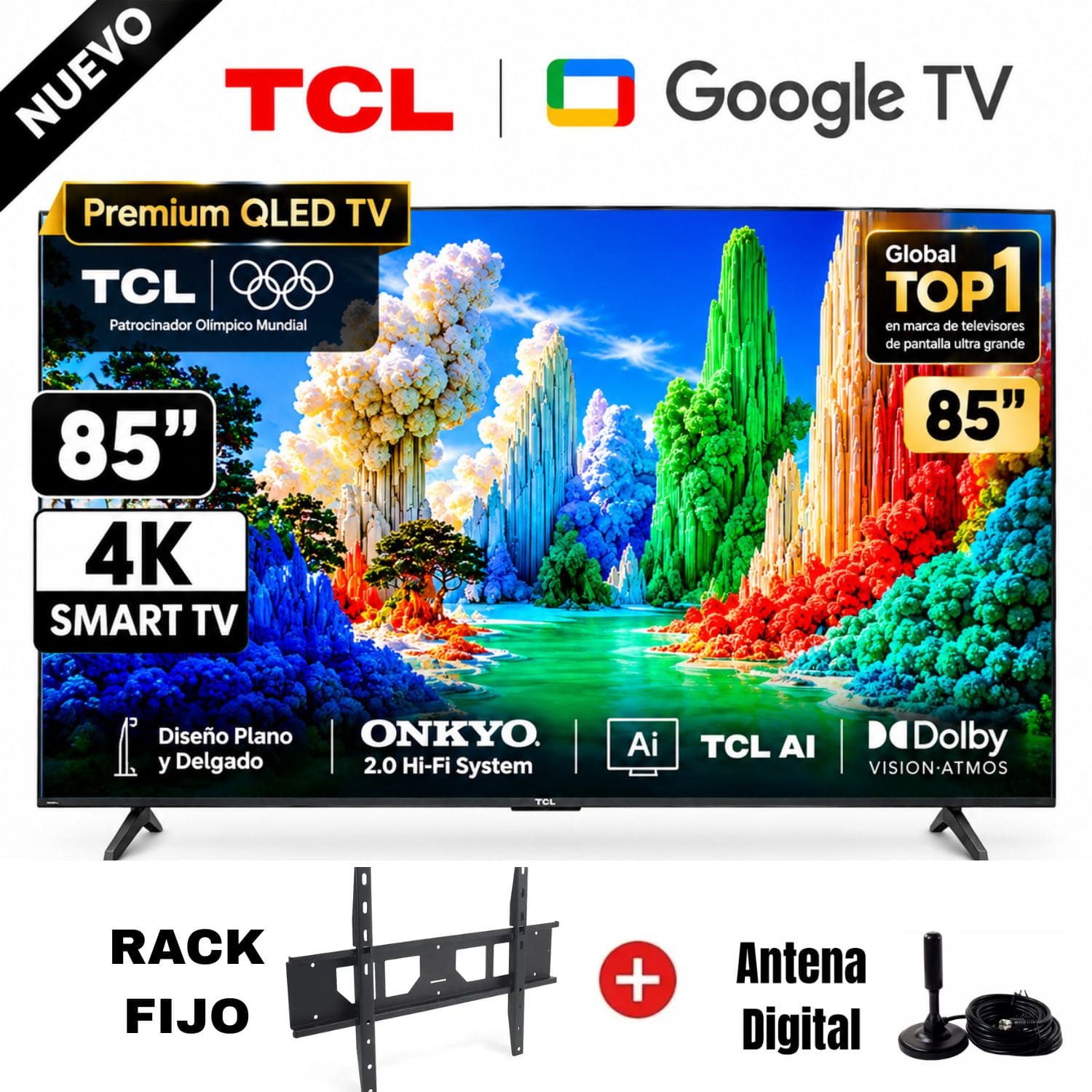 TELEVISOR TCL 85 PREMIUM QLED UHD 4K GOOGLE TV 85A400 + RACK + ANTENA - 1